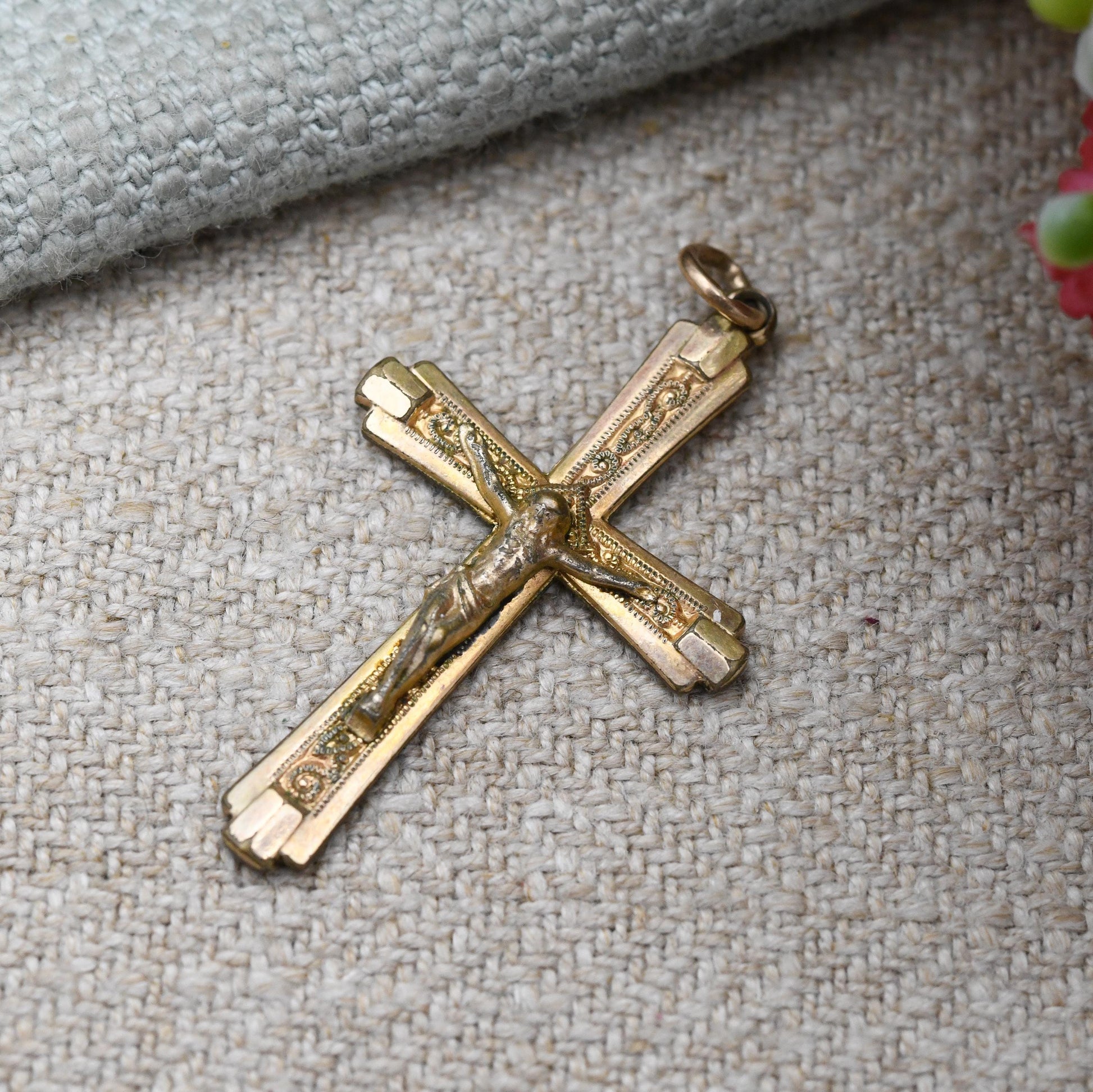 Vintage Rolled Gold Crucifix Pendant c. 1920s - Christ on the Cross Christian Cross | Unisex Religious Gift