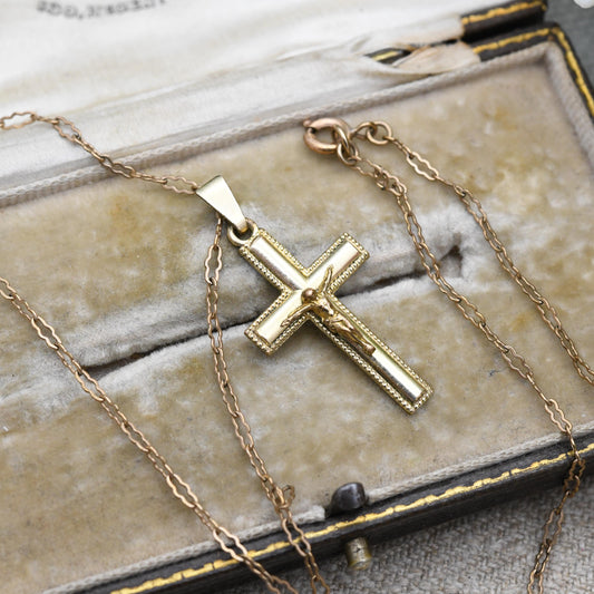Vintage Rolled Gold Crucifix Pendant Necklace - on Scalloped Cable Chain | Mid-Century Signed Christian Cross