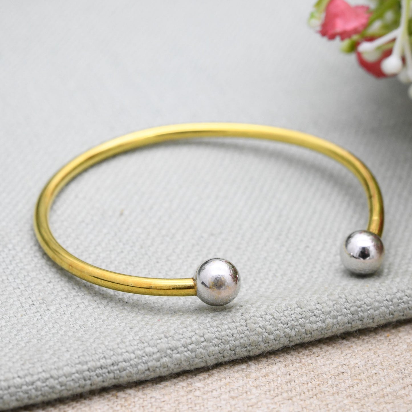 Vintage Rolled Gold Torque Bangle by Andreas Daub A*D - Mid-Century Minimal Two Tone Yellow Gold Tone Bracelet with Silver Tone Balls