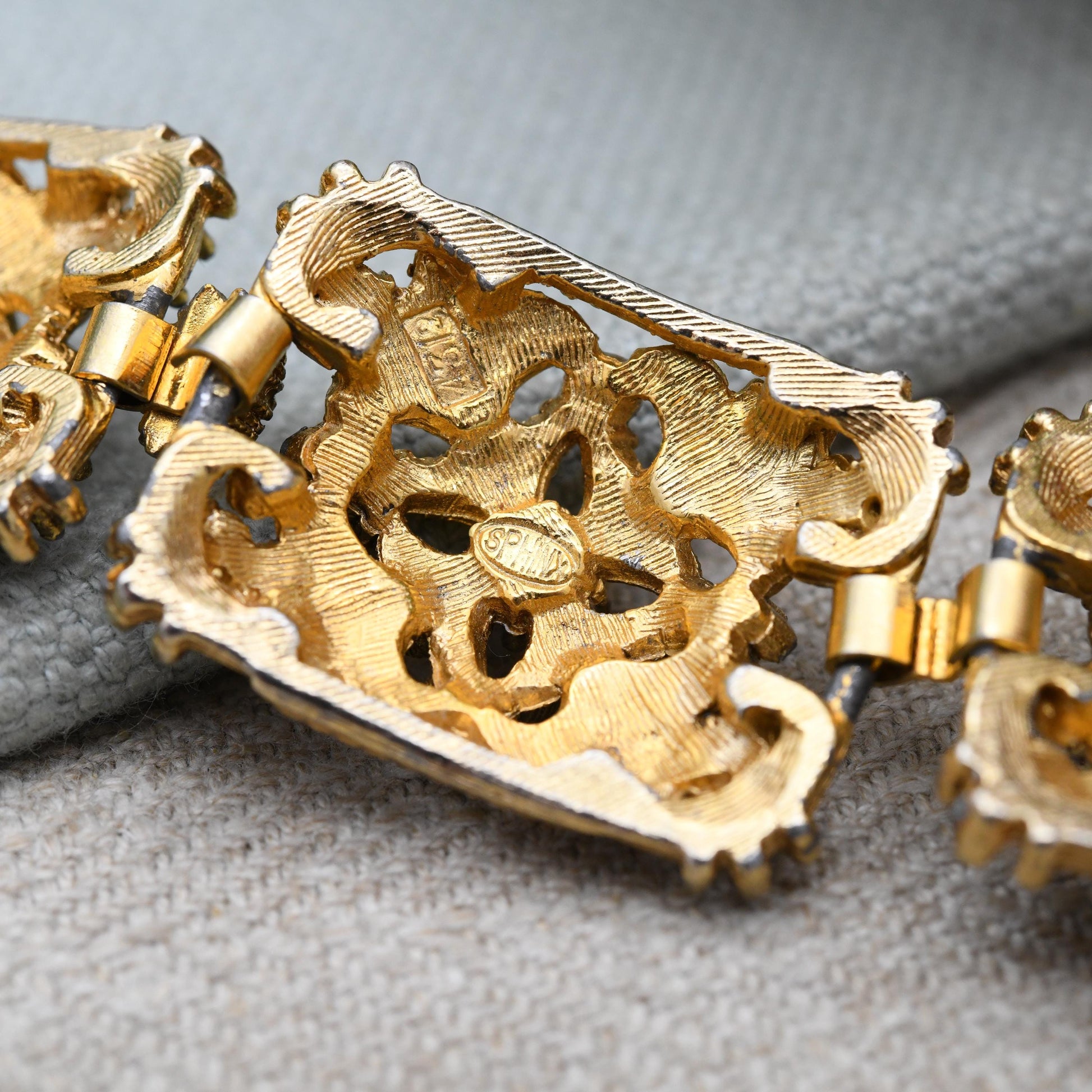 Vintage Sphinx Panel Bracelet with Imitation Pearls and Lapis Lazuli - Mid-Century Designer Signed Jewellery Ornate Gold Tone Antique Style