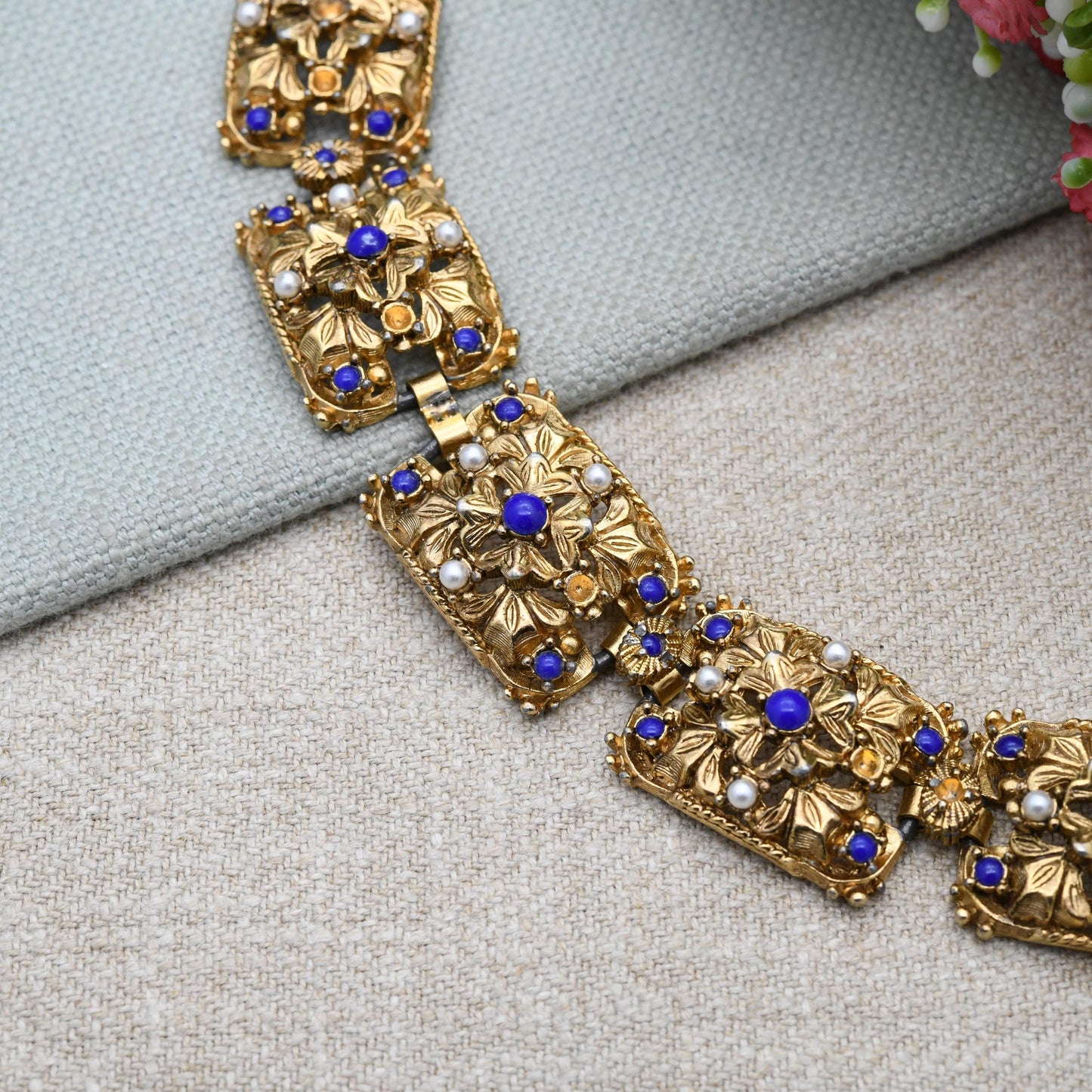 Vintage Sphinx Panel Bracelet with Imitation Pearls and Lapis Lazuli - Mid-Century Designer Signed Jewellery Ornate Gold Tone Antique Style
