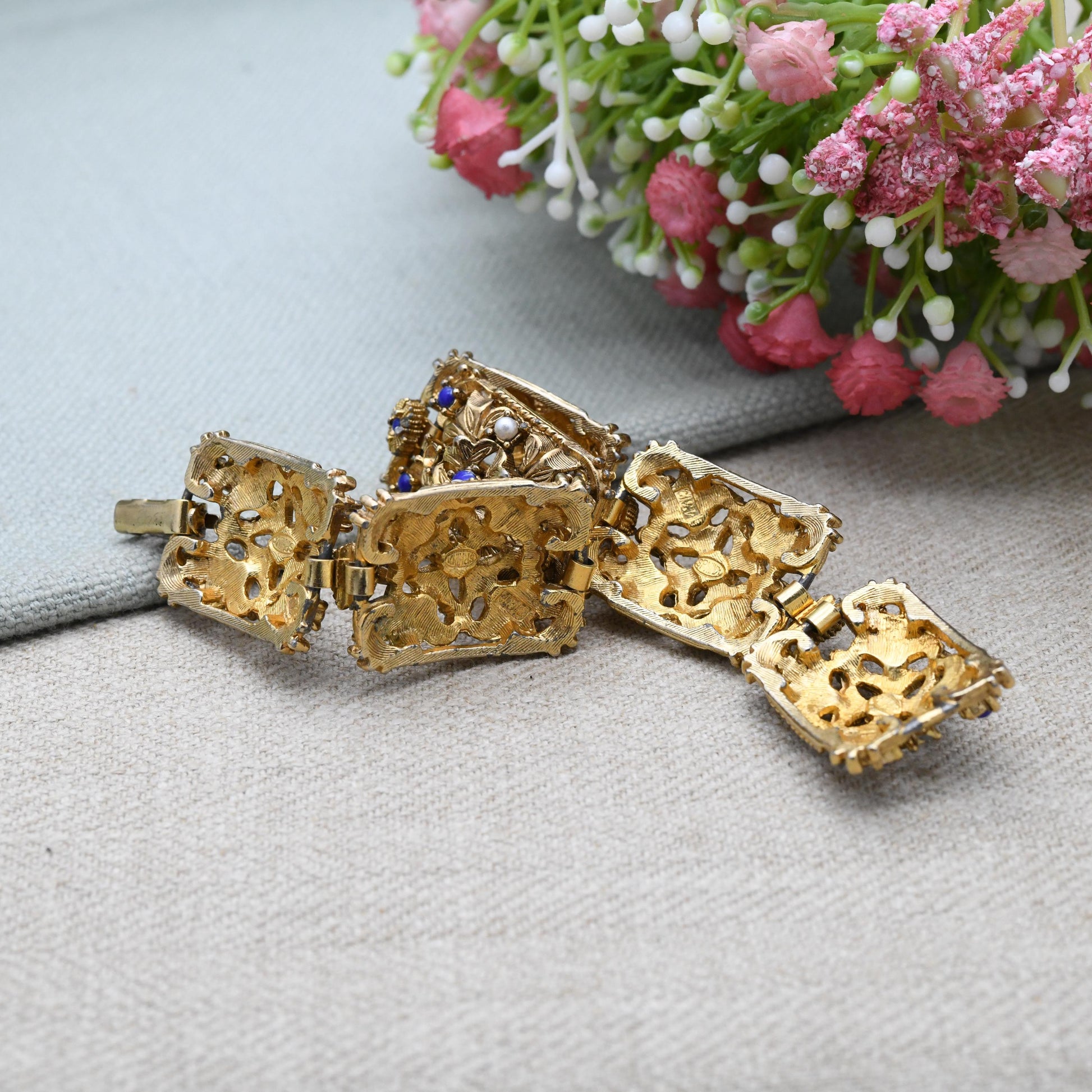 Vintage Sphinx Panel Bracelet with Imitation Pearls and Lapis Lazuli - Mid-Century Designer Signed Jewellery Ornate Gold Tone Antique Style