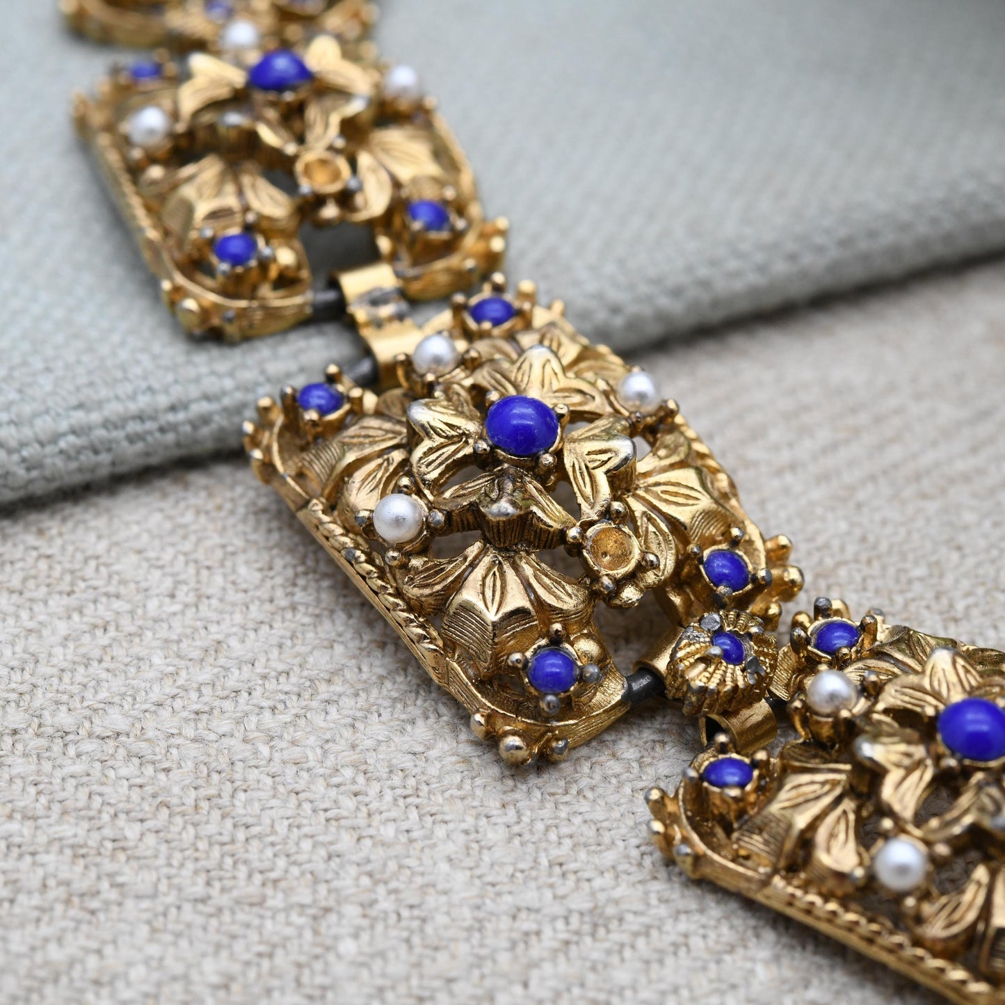Vintage Sphinx Panel Bracelet with Imitation Pearls and Lapis Lazuli - Mid-Century Designer Signed Jewellery Ornate Gold Tone Antique Style