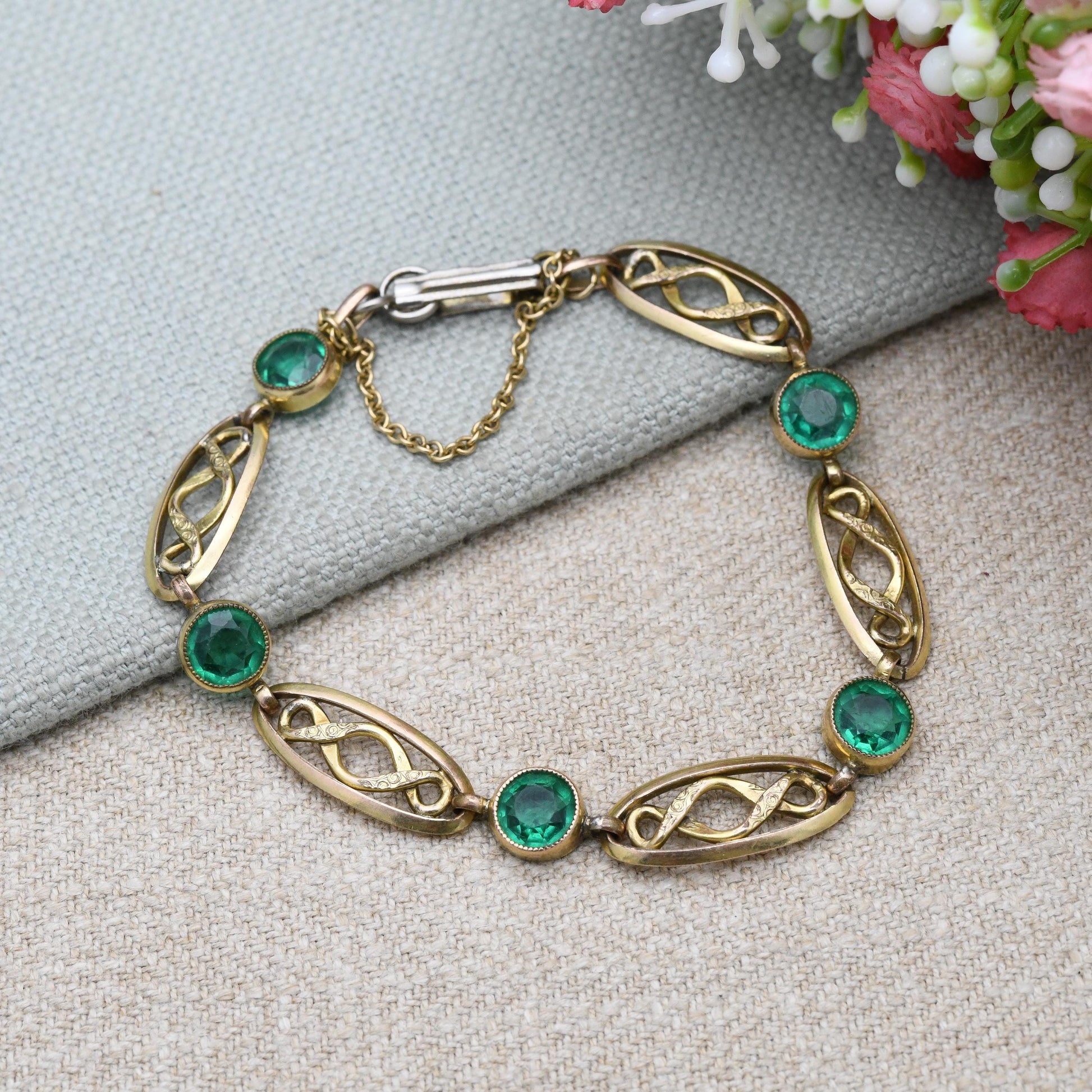 Antique Rolled Gold Panel Bracelet with Green Paste Stones Milgrain Setting c. 1900- with Safety Chain | Edwardian Era Jewellery