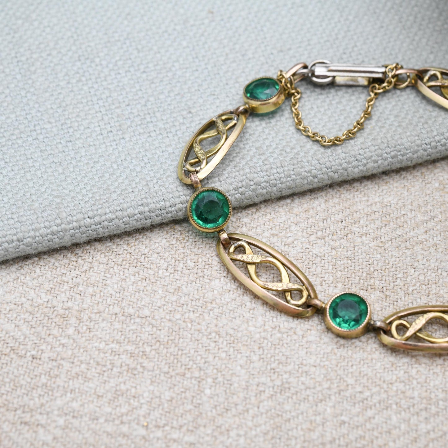 Antique Rolled Gold Panel Bracelet with Green Paste Stones Milgrain Setting c. 1900- with Safety Chain | Edwardian Era Jewellery