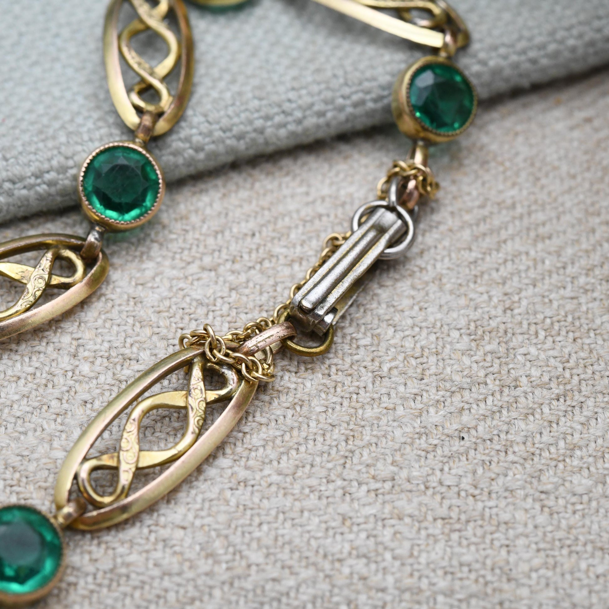 Antique Rolled Gold Panel Bracelet with Green Paste Stones Milgrain Setting c. 1900- with Safety Chain | Edwardian Era Jewellery