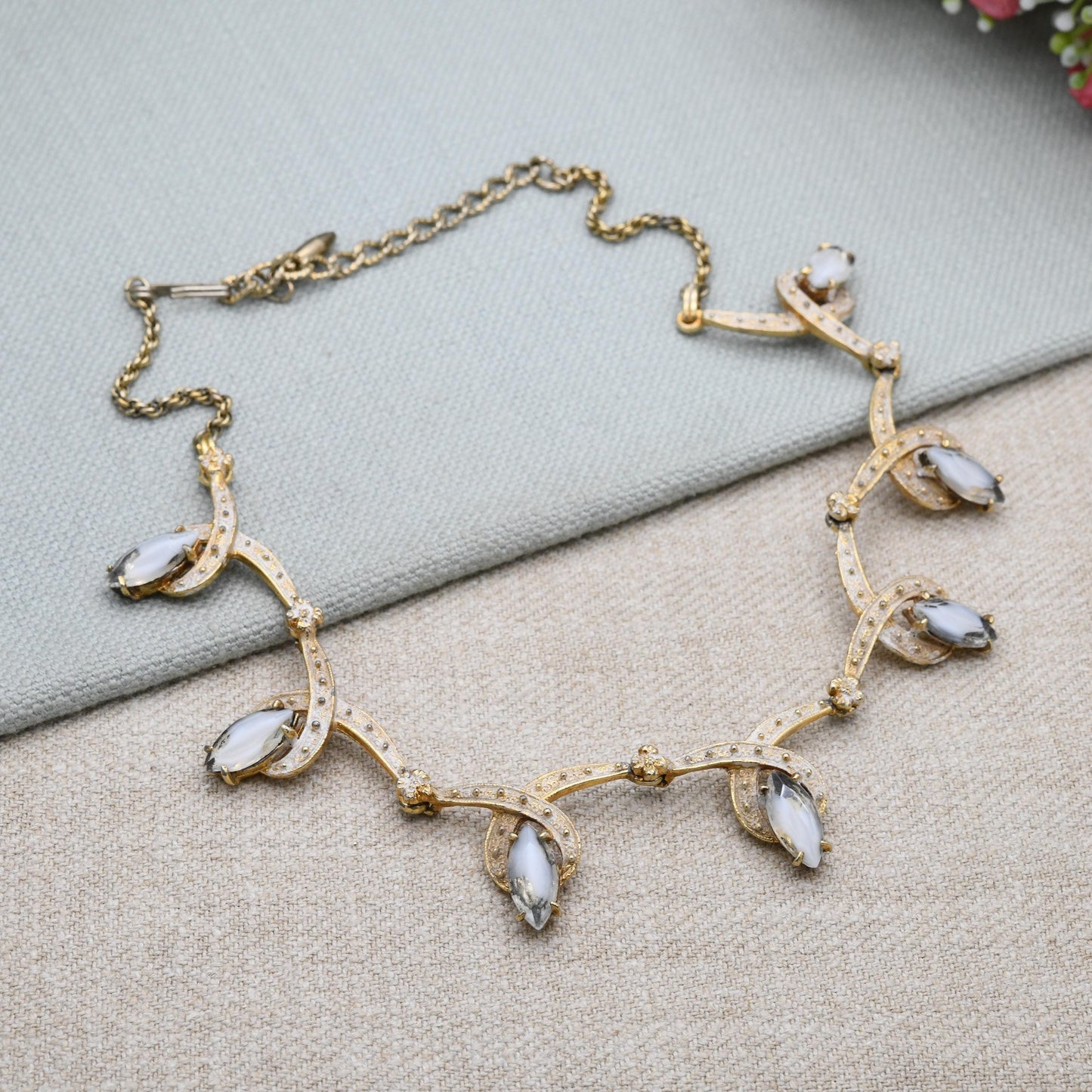 Vintage Hobé Necklace with Marquise Crystals Articulated Design 15" - White Enamel Gold Tone | Mid-Century Signed Branded Costume Jewellery