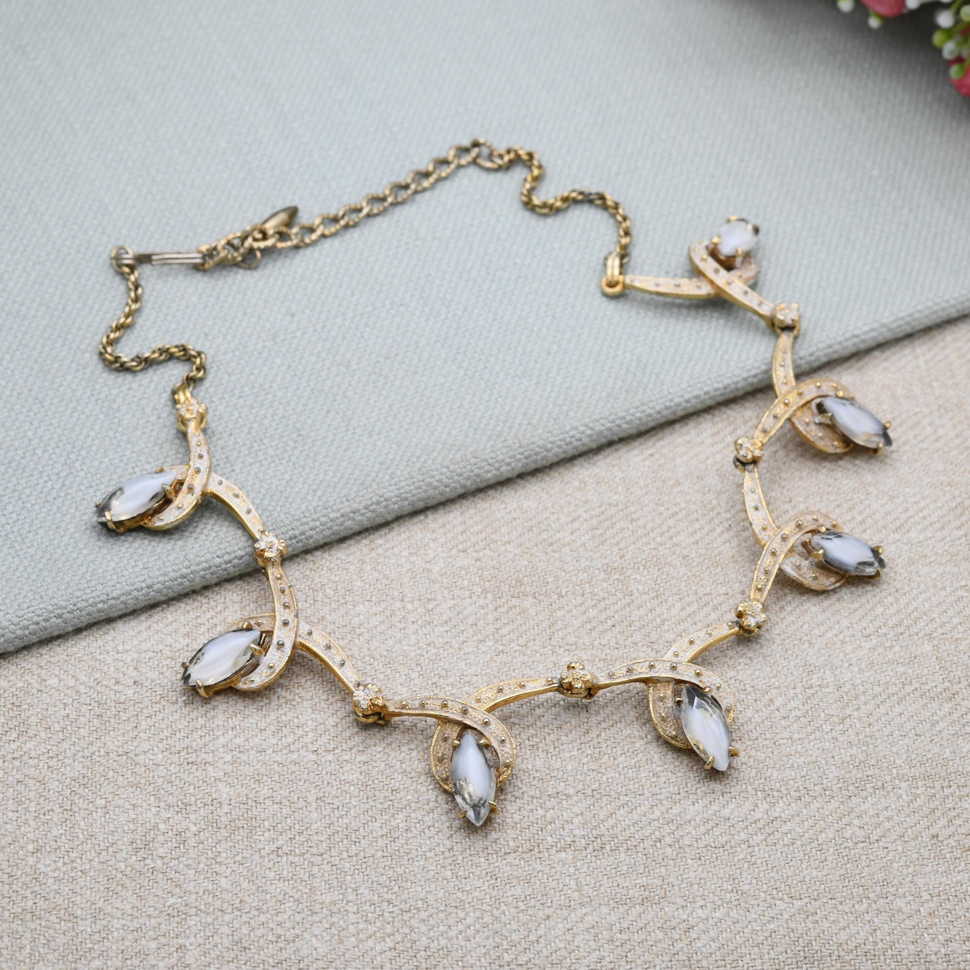 Vintage Hobé Necklace with Marquise Crystals Articulated Design 15" - White Enamel Gold Tone | Mid-Century Signed Branded Costume Jewellery