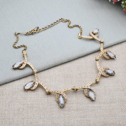 Vintage Hobé Necklace with Marquise Crystals Articulated Design 15" - White Enamel Gold Tone | Mid-Century Signed Branded Costume Jewellery