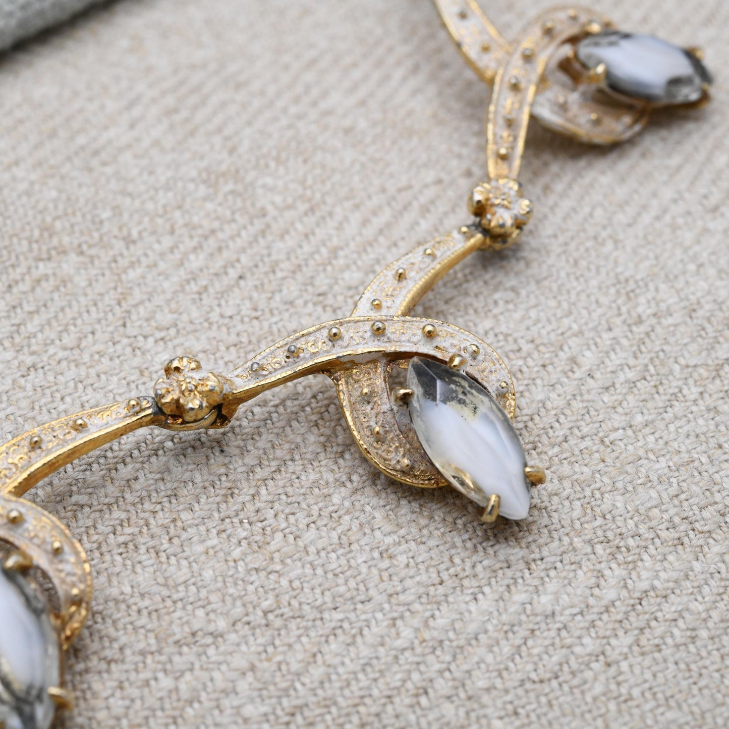 Vintage Hobé Necklace with Marquise Crystals Articulated Design 15" - White Enamel Gold Tone | Mid-Century Signed Branded Costume Jewellery