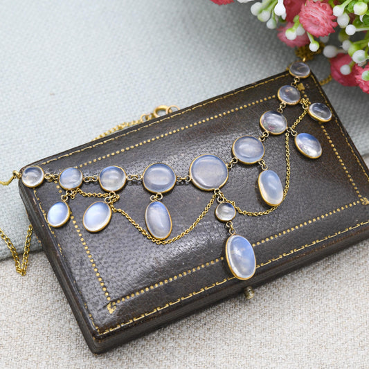 Antique Gold Moonstone Festoon Necklace c. 1900 - Victorian Edwardian Era