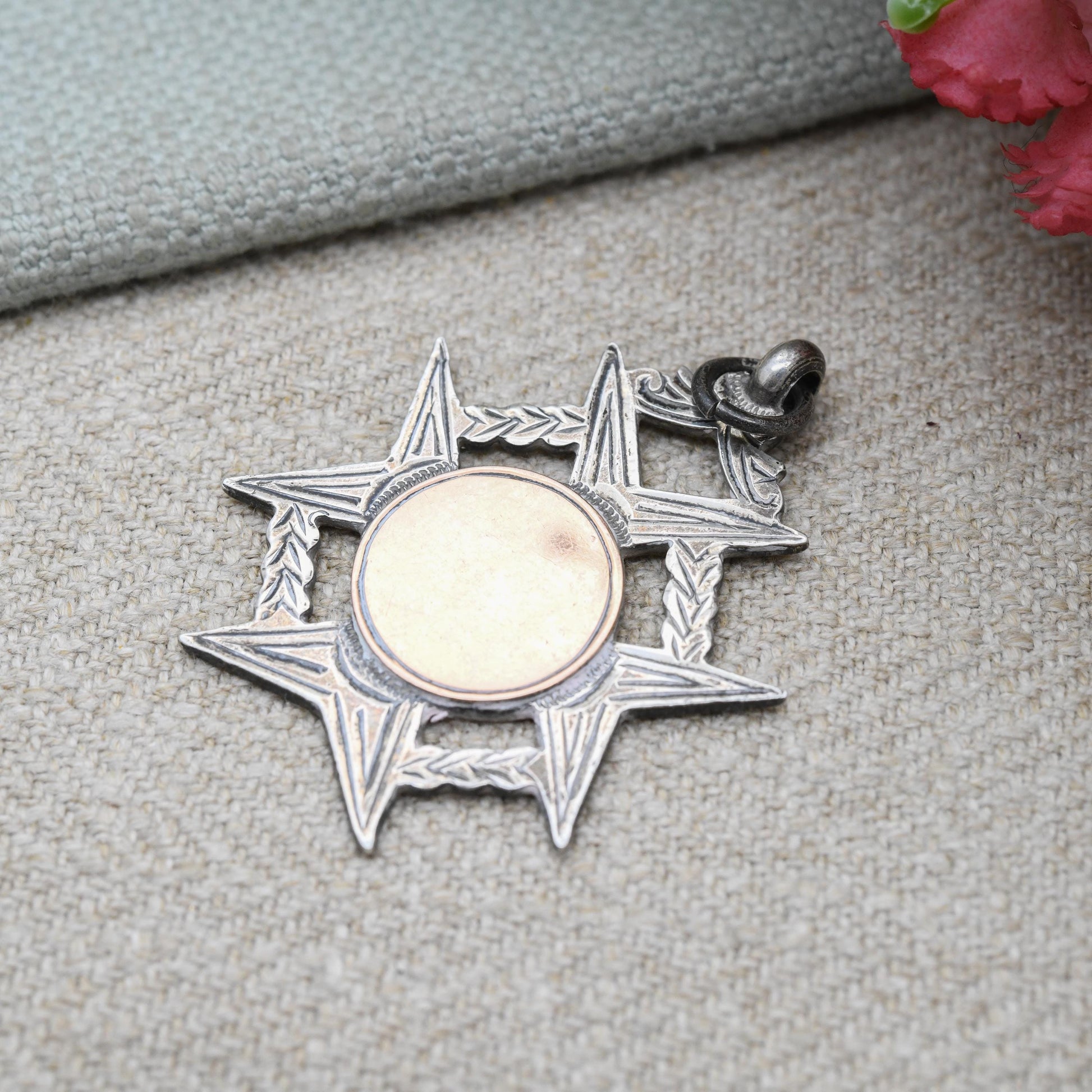 Antique Sterling Silver Watch Fob Pendant Rose Gold Fronted 1927 - Blank Face | Openwork Floral Maltese Cross Border