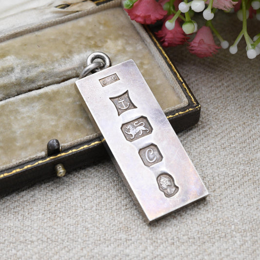 Vintage Sterling Silver Ingot Pendant 1977 - Birmingham Hallmarks | Textured and Geometric Reverse Design | Mid-Century Necklace