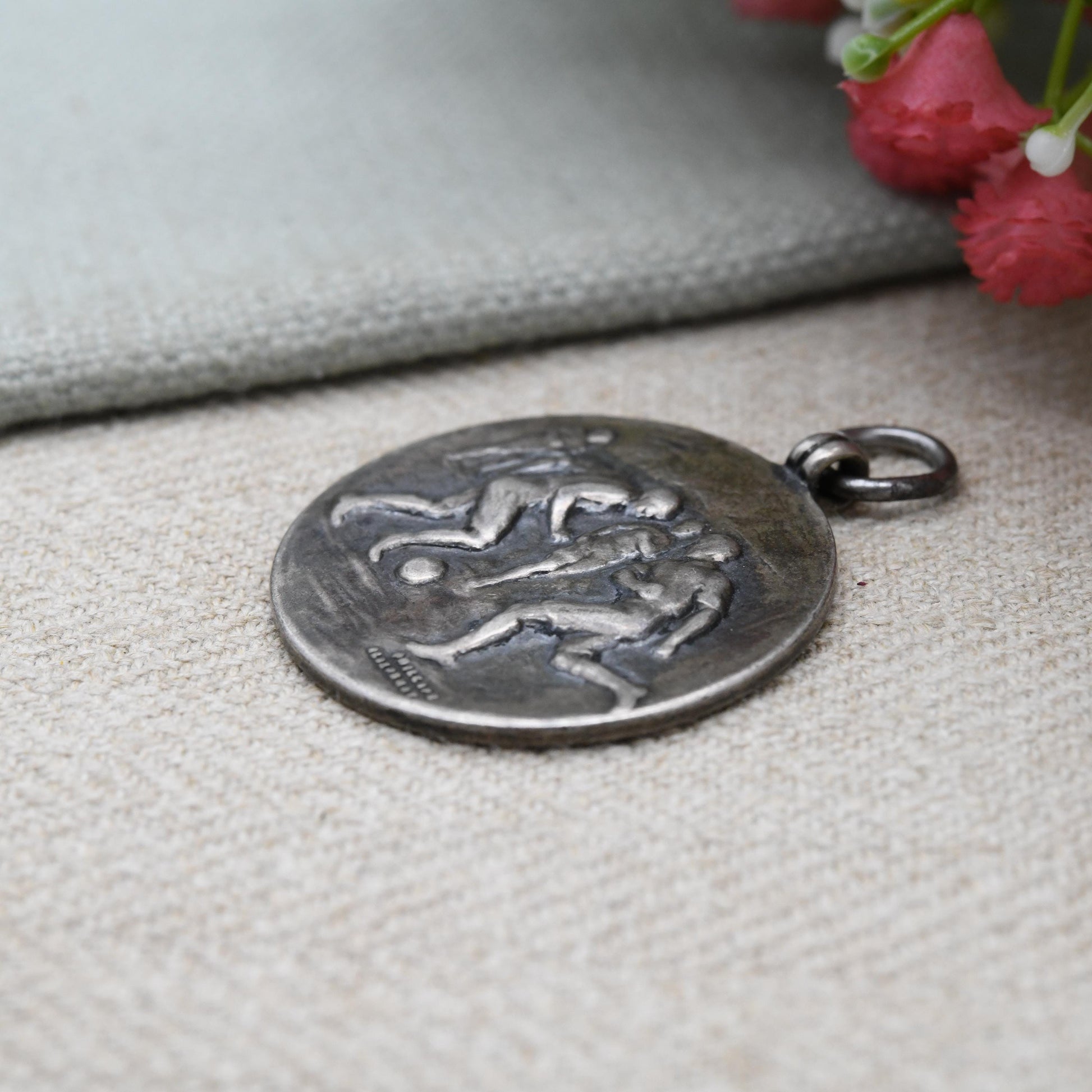 Antique Sterling Silver Antique Football Medal 1918 - Football Relief Scene | Inter-Unit 1919 | Sport Medal | Pendant Fob for Necklace
