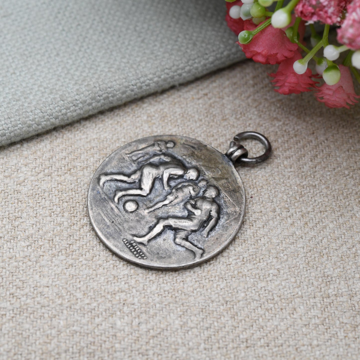Antique Sterling Silver Antique Football Medal 1918 - Football Relief Scene | Inter-Unit 1919 | Sport Medal | Pendant Fob for Necklace