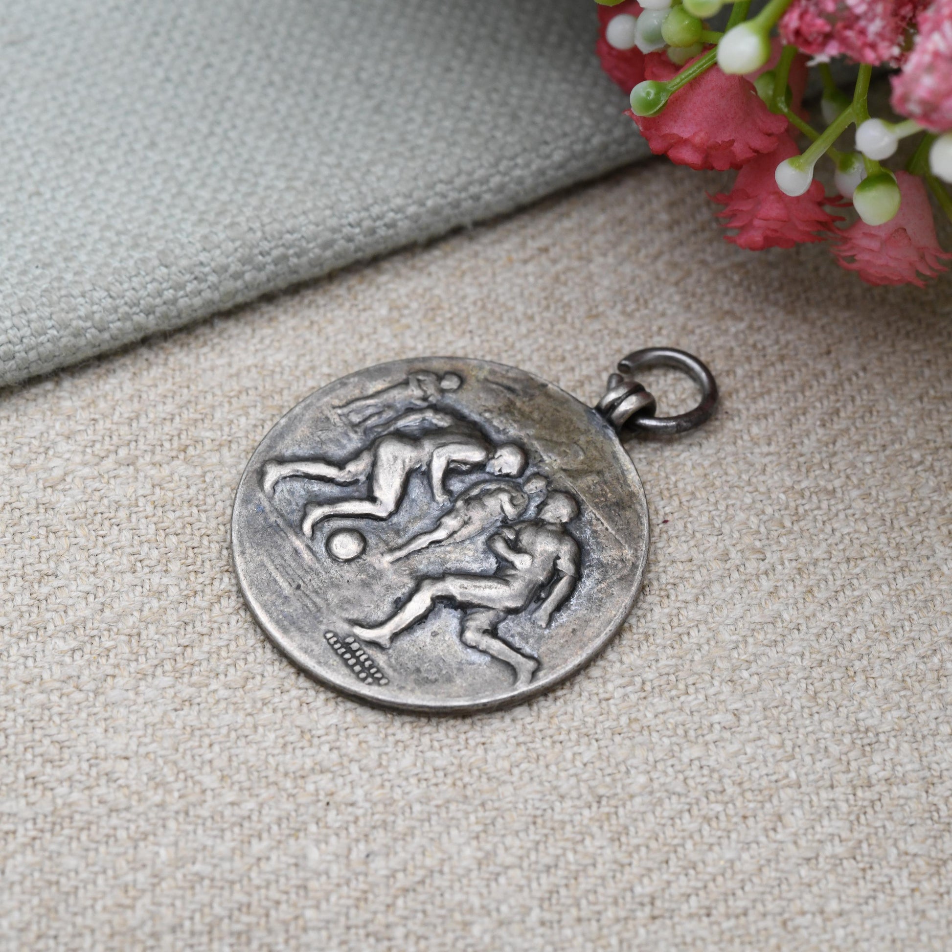 Antique Sterling Silver Antique Football Medal 1918 - Football Relief Scene | Inter-Unit 1919 | Sport Medal | Pendant Fob for Necklace