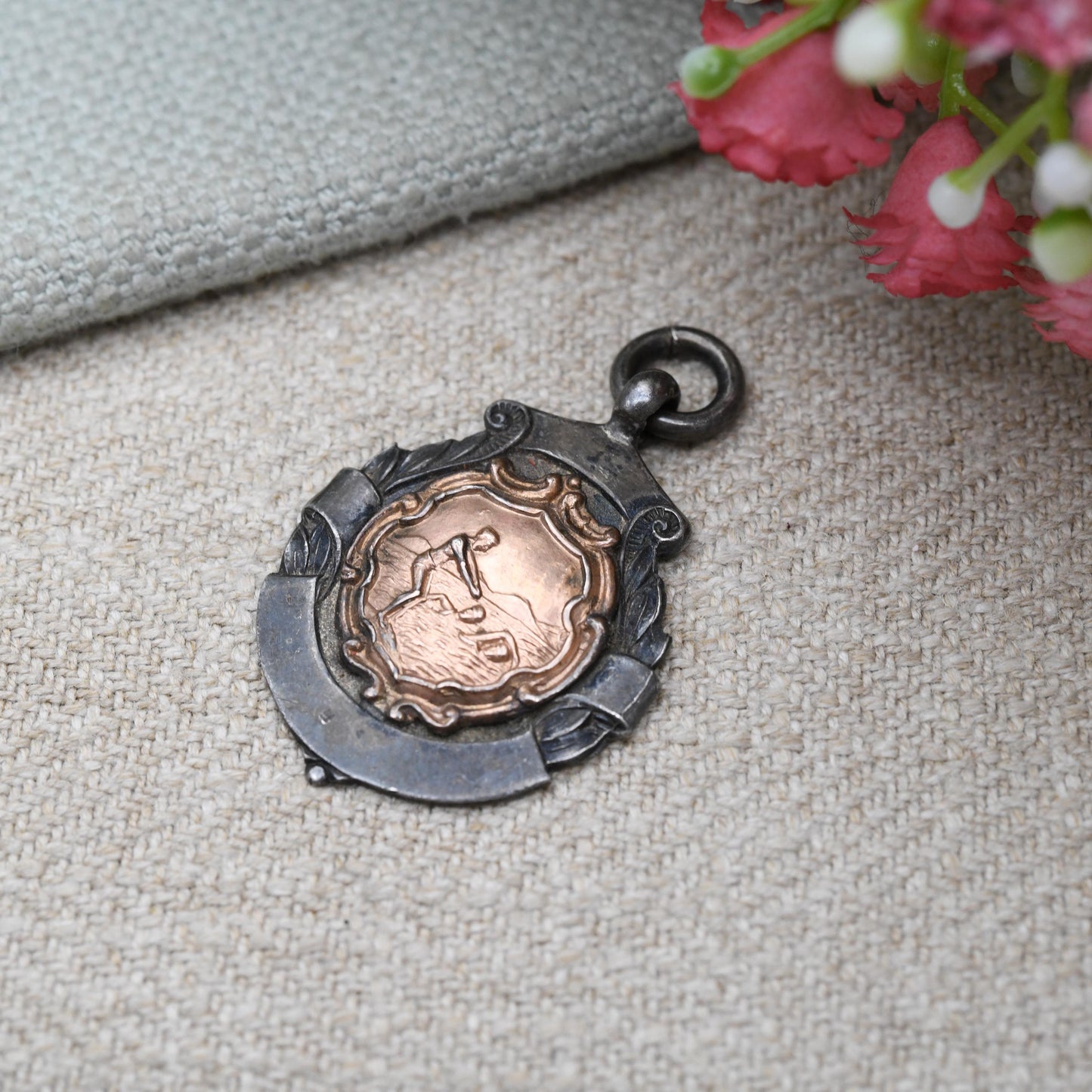 True Vintage Sterling Silver Watch Fob Swimming Medal Pendant 1934 - with Rose Gold Front | Large Victorian Pendant