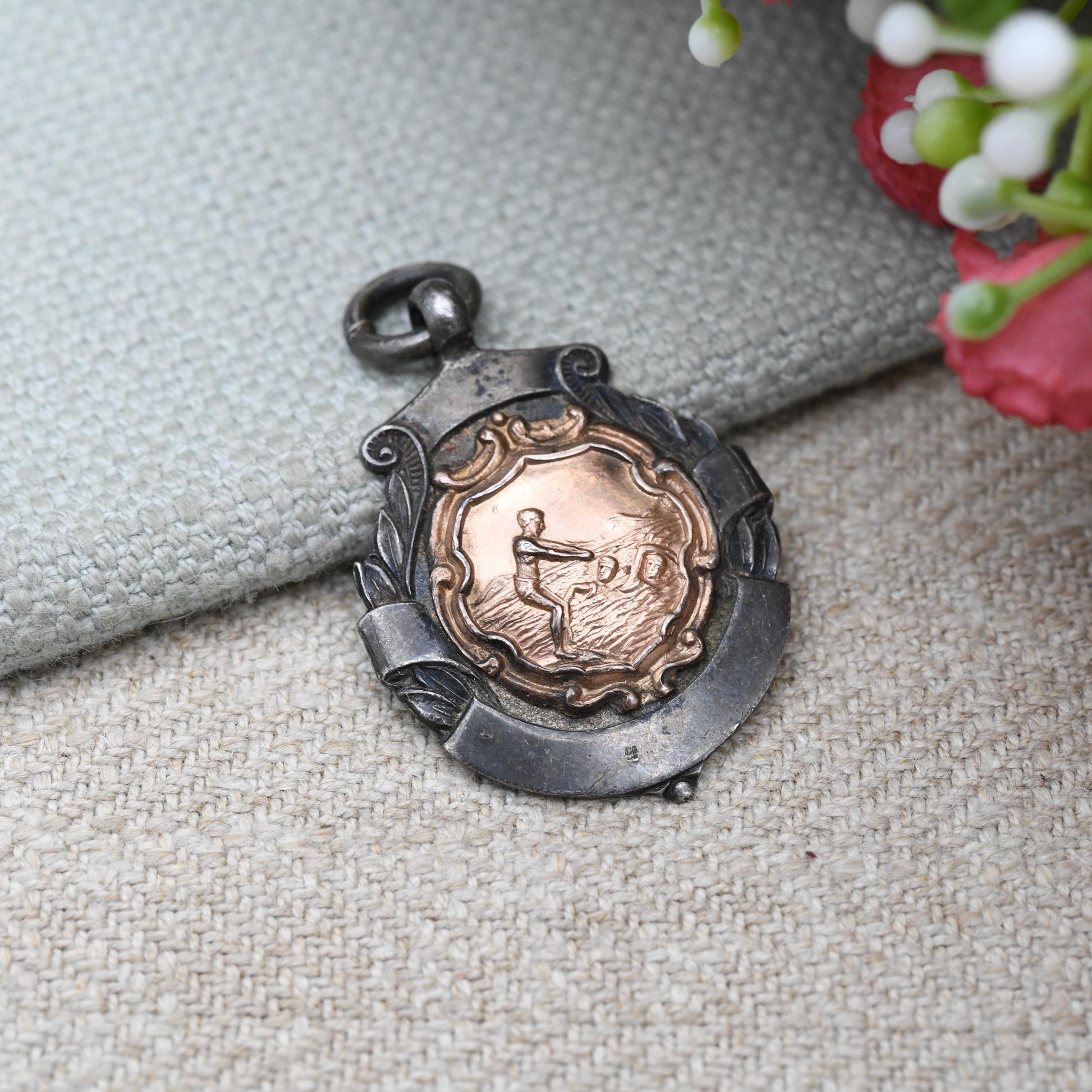 True Vintage Sterling Silver Watch Fob Swimming Medal Pendant 1934 - with Rose Gold Front | Large Victorian Pendant