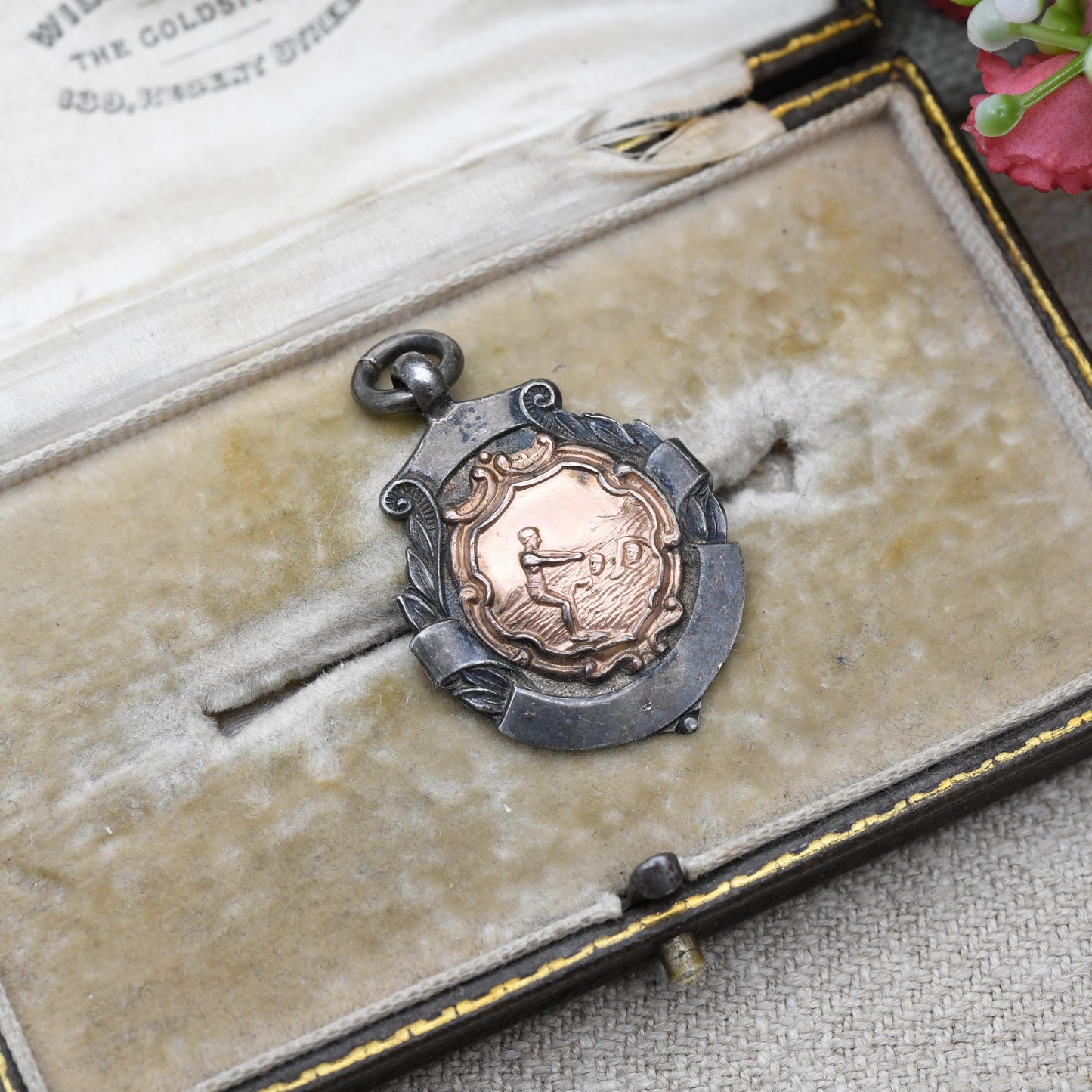 True Vintage Sterling Silver Watch Fob Swimming Medal Pendant 1934 - with Rose Gold Front | Large Victorian Pendant
