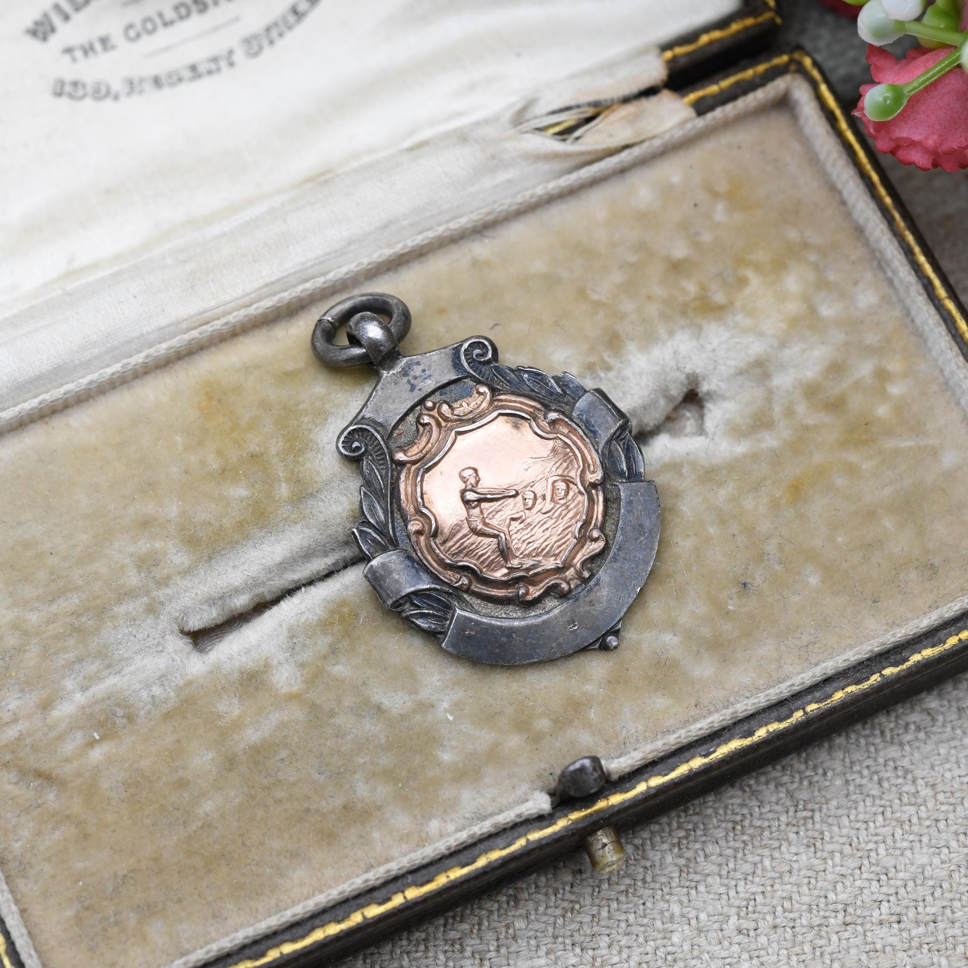 True Vintage Sterling Silver Watch Fob Swimming Medal Pendant 1934 - with Rose Gold Front | Large Victorian Pendant