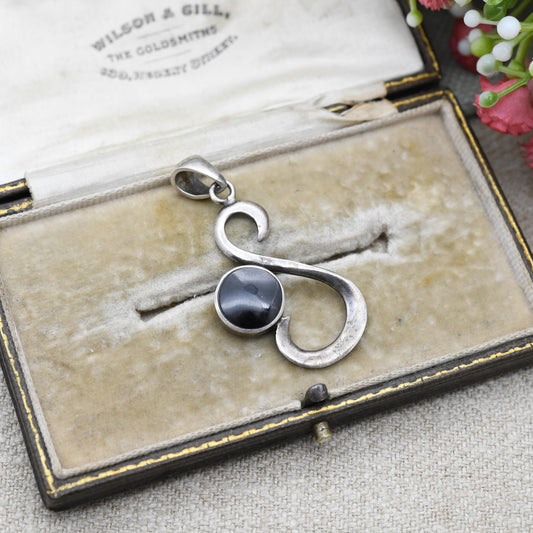 Vintage Sterling Silver S Initial Openwork Pendant with Black Onyx - Minimalist | Initials | Letter | Gift for Pendant Charm Necklace