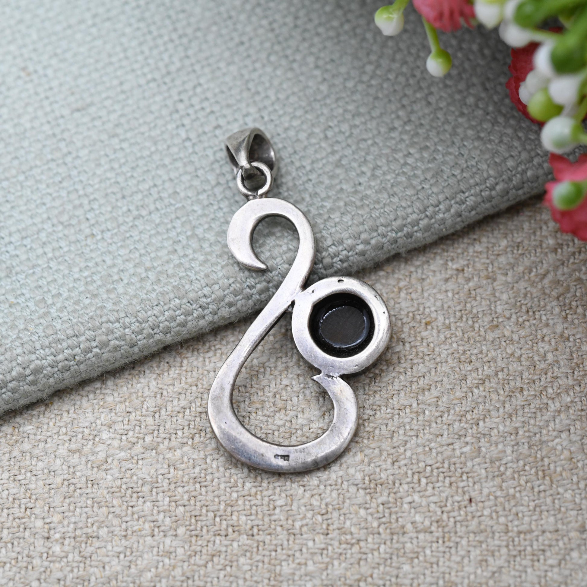 Vintage Sterling Silver S Initial Openwork Pendant with Black Onyx - Minimalist | Initials | Letter | Gift for Pendant Charm Necklace