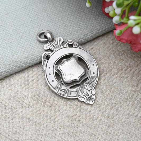 Antique Sterling Silver Watch Fob Pendant Shield Buckle 1916 - with Blank Space for Engraving | Engraved Scrolling and Floral Pattern Border