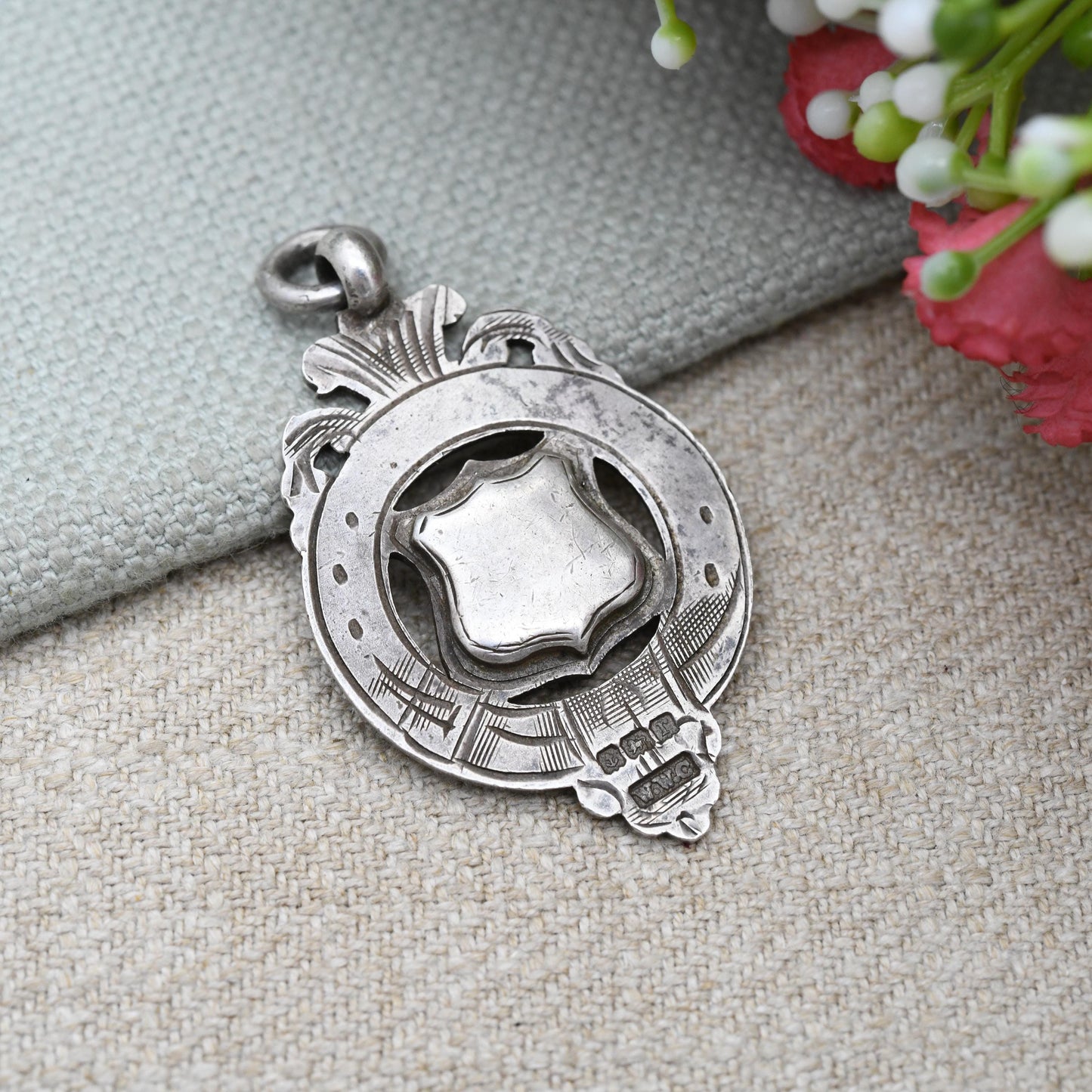 Antique Sterling Silver Watch Fob Pendant Shield Buckle 1916 - with Blank Space for Engraving | Engraved Scrolling and Floral Pattern Border