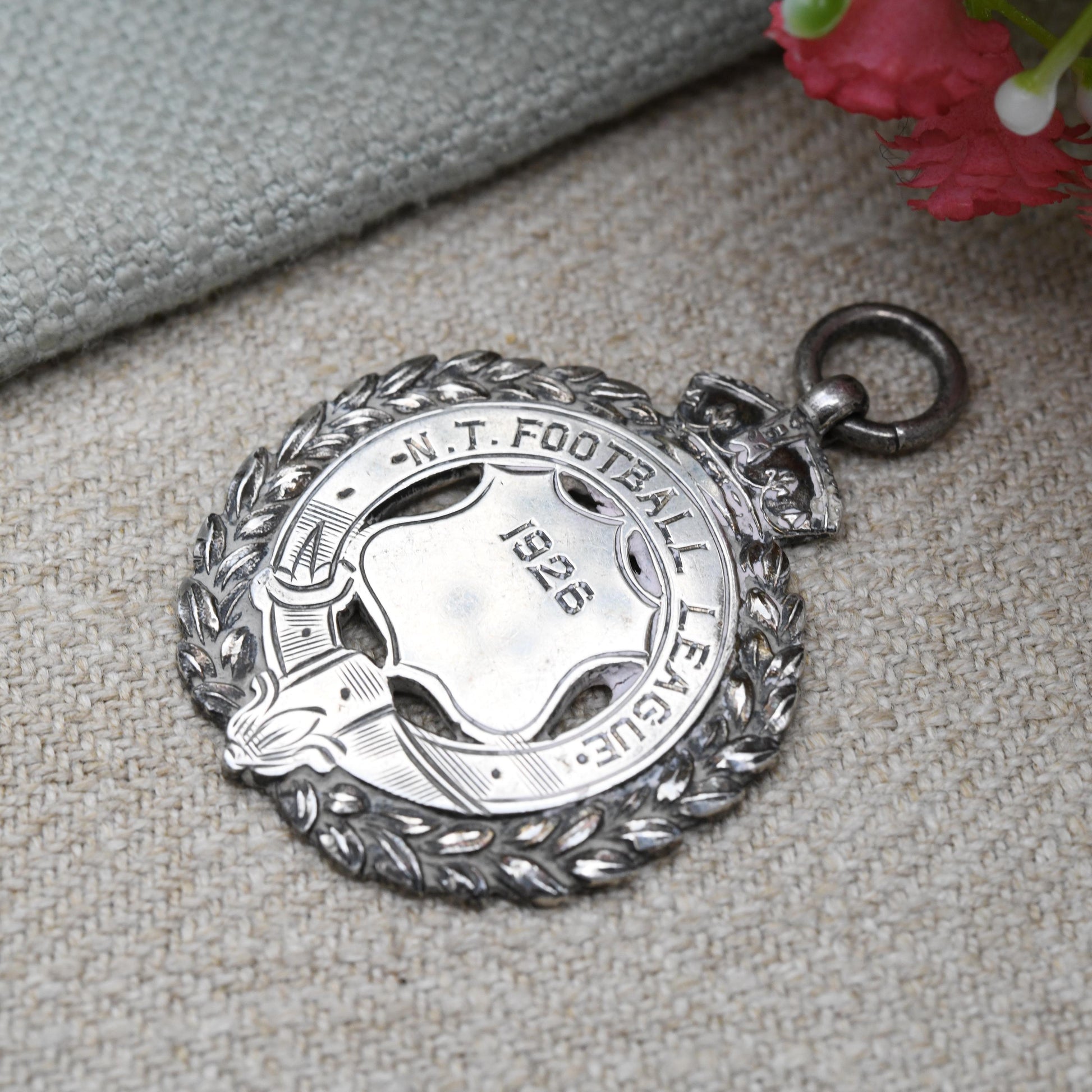 Antique Sterling Silver Watch Fob Football Pendant 1923 - Shield with Crown and Wreath Border | Northern League Commemoration Medal