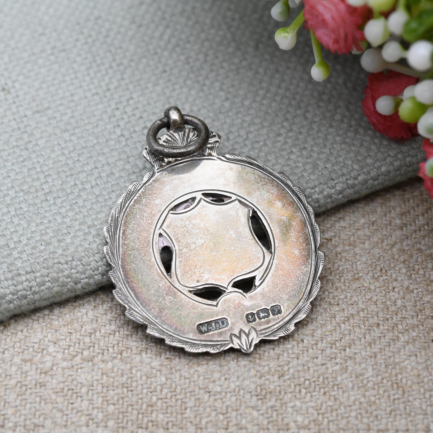 Antique Sterling Silver Watch Fob Football Pendant 1923 - Shield with Crown and Wreath Border | Northern League Commemoration Medal