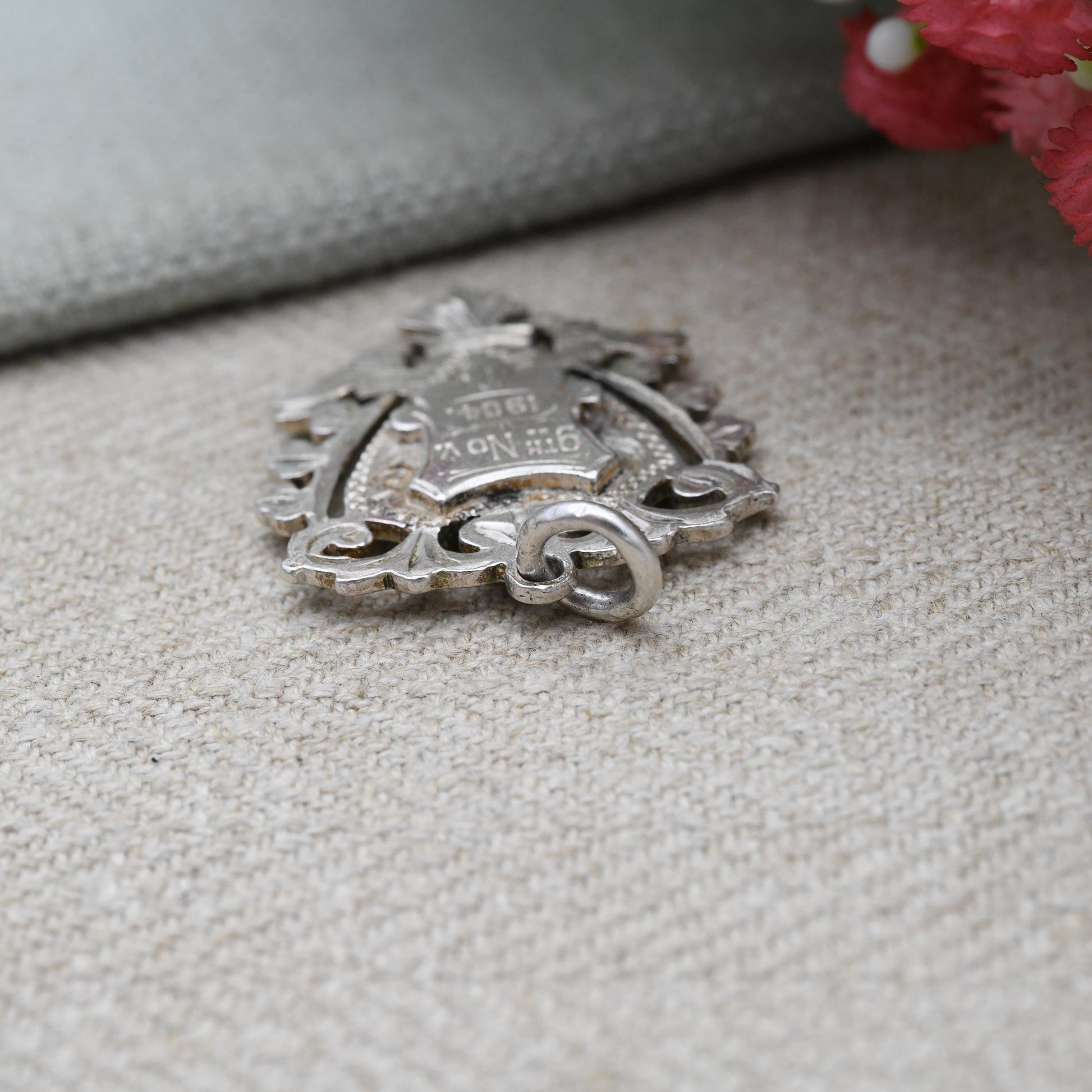 Antique Sterling Silver Watch Fob Pendant 1903 - Beautiful Openwork and engraved Shield | Initials FA | Birmingham Hallmarks