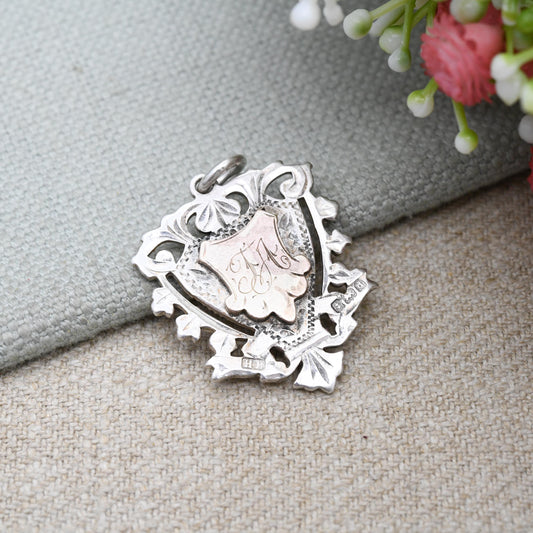 Antique Sterling Silver Watch Fob Pendant 1903 - Beautiful Openwork and engraved Shield | Initials FA | Birmingham Hallmarks