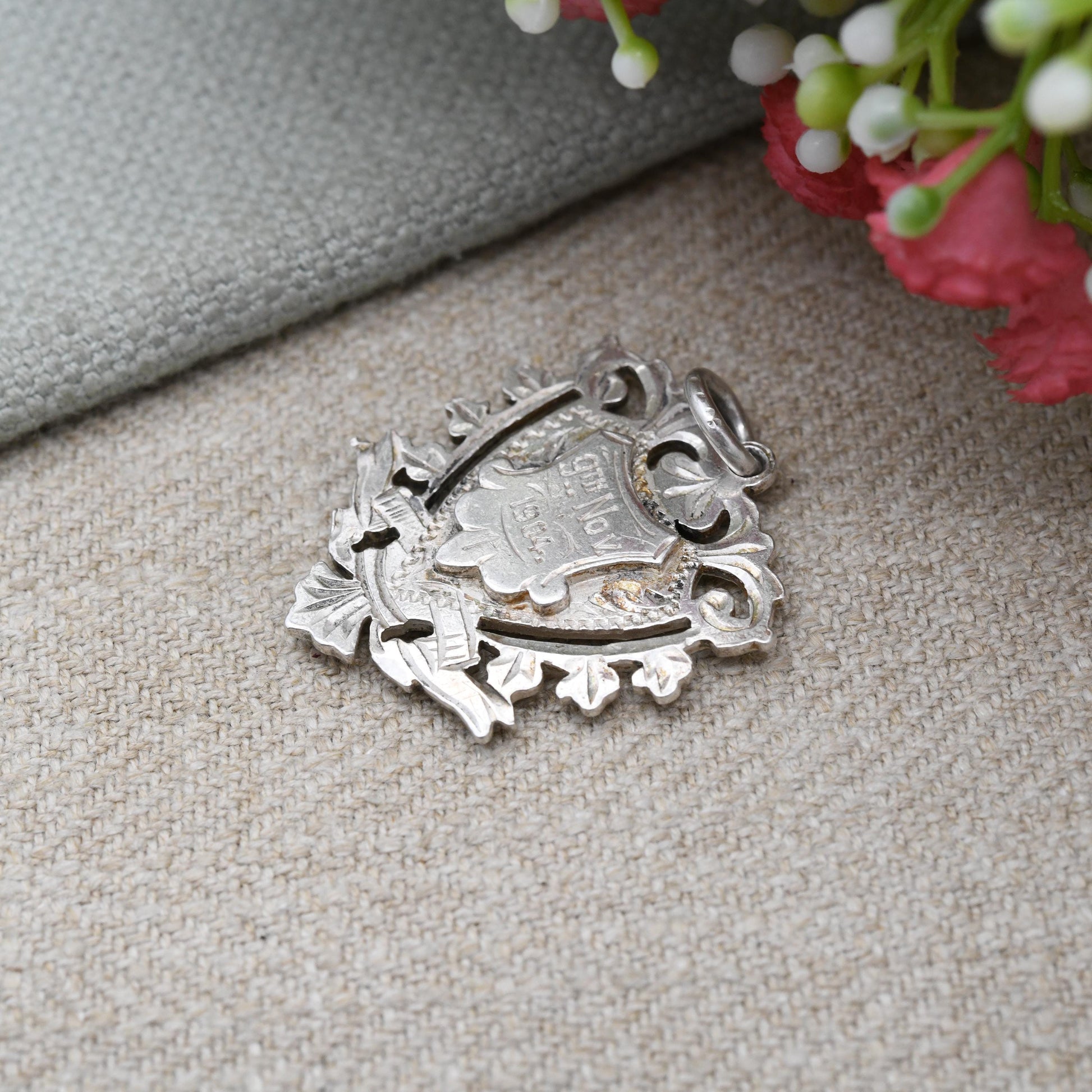 Antique Sterling Silver Watch Fob Pendant 1903 - Beautiful Openwork and engraved Shield | Initials FA | Birmingham Hallmarks