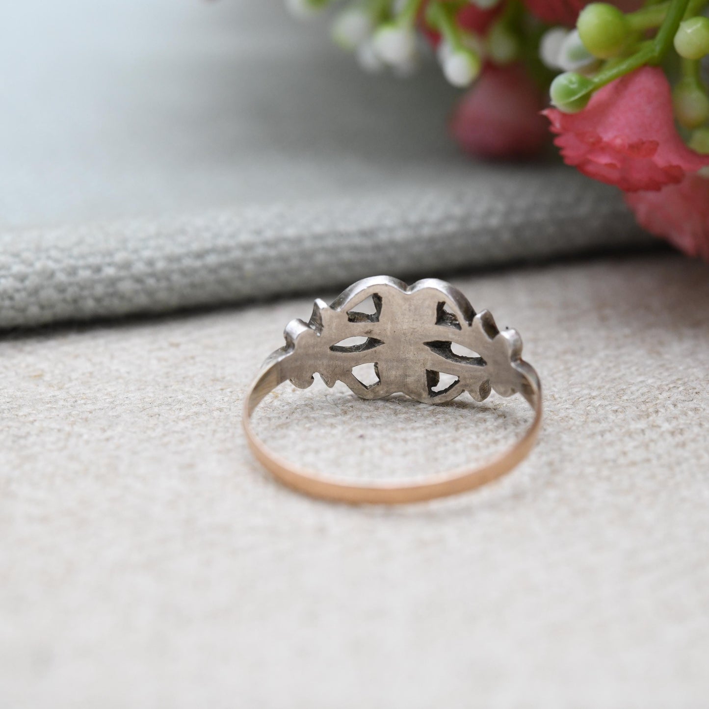 Antique Georgian 14ct Gold and Silver Diamond Solitaire Ring - with Scrolling Design | UK Size - P | US Size - 8