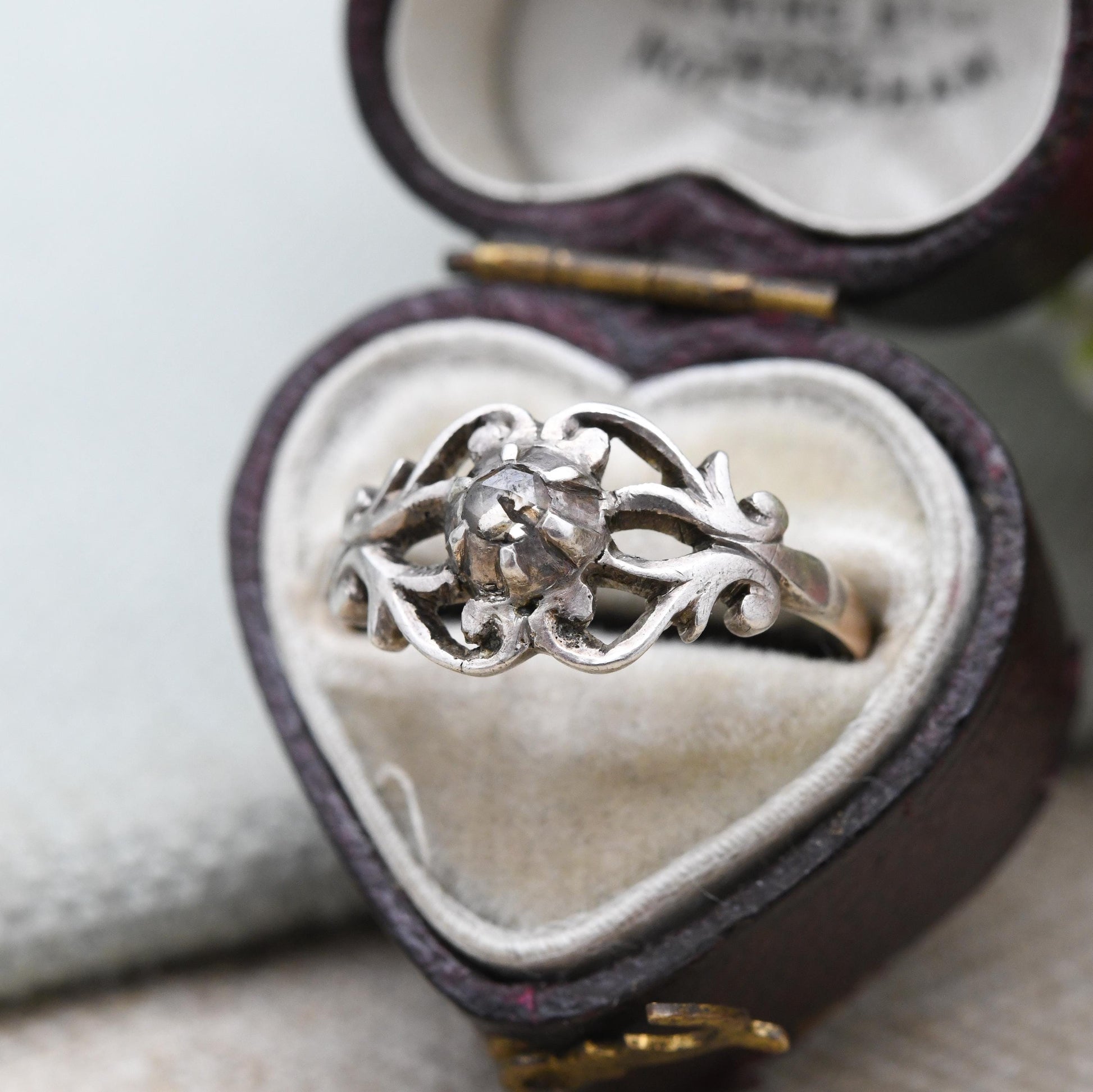 Antique Georgian 14ct Gold and Silver Diamond Solitaire Ring - with Scrolling Design | UK Size - P | US Size - 8