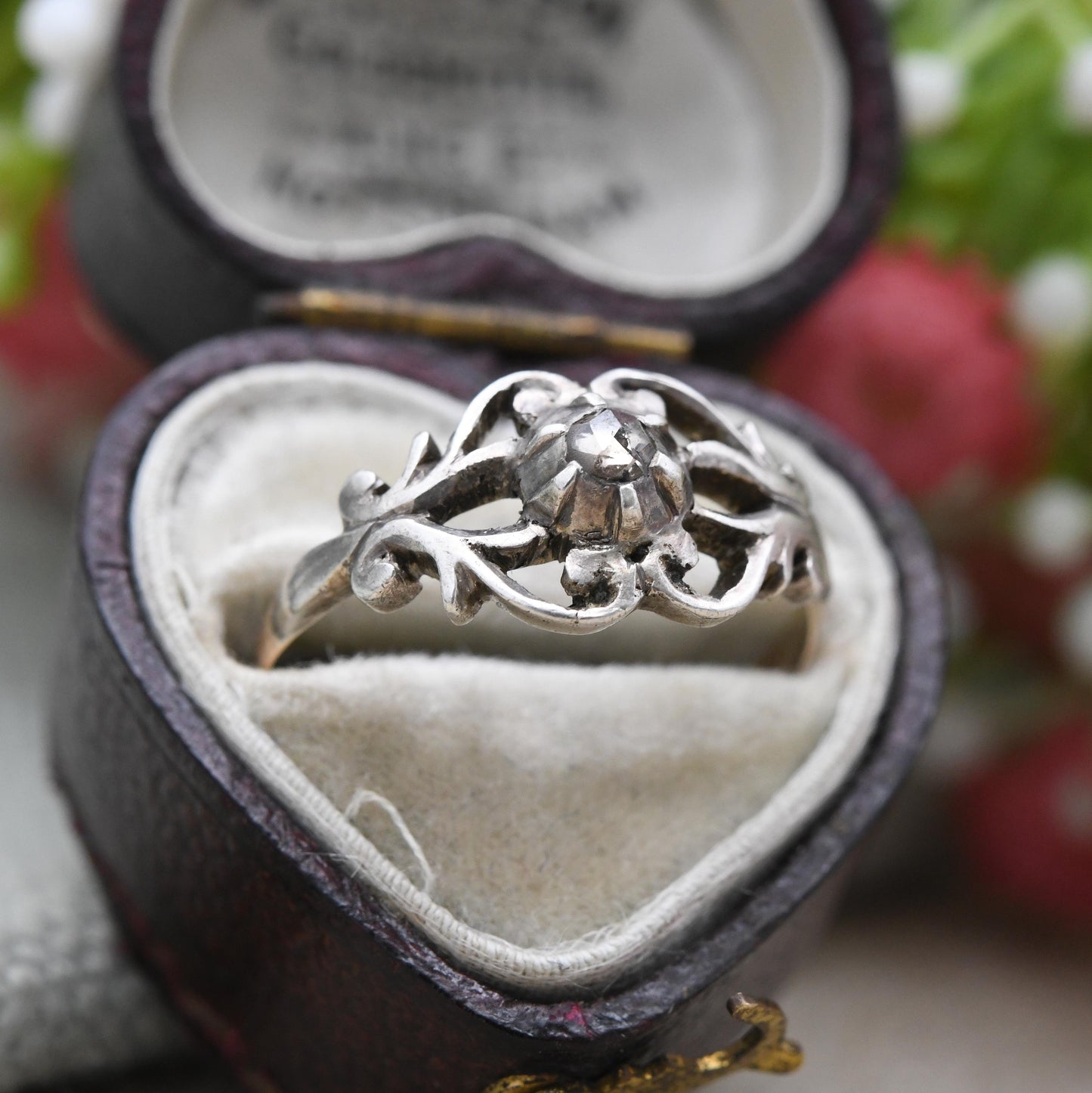 Antique Georgian 14ct Gold and Silver Diamond Solitaire Ring - with Scrolling Design | UK Size - P | US Size - 8