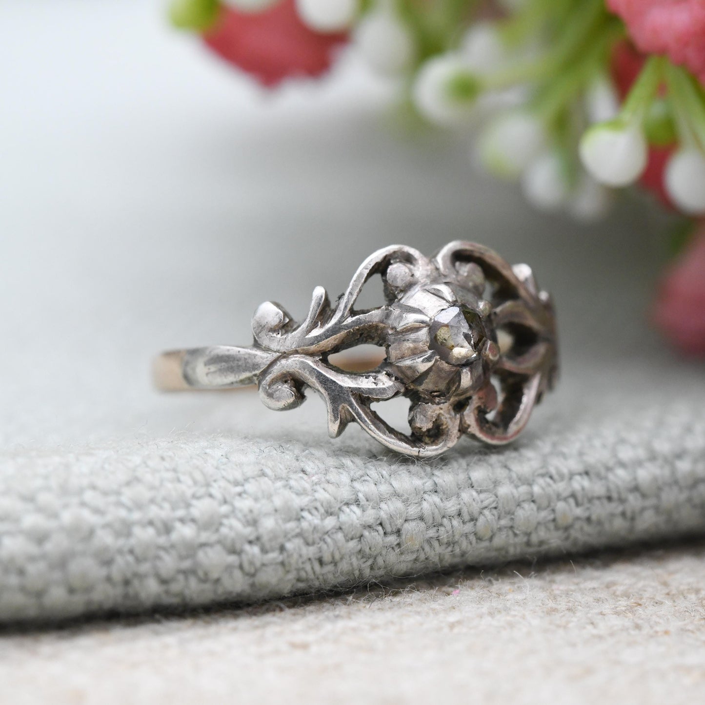 Antique Georgian 14ct Gold and Silver Diamond Solitaire Ring - with Scrolling Design | UK Size - P | US Size - 8