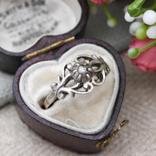 Antique Georgian 14ct Gold and Silver Diamond Solitaire Ring - with Scrolling Design | UK Size - P | US Size - 8