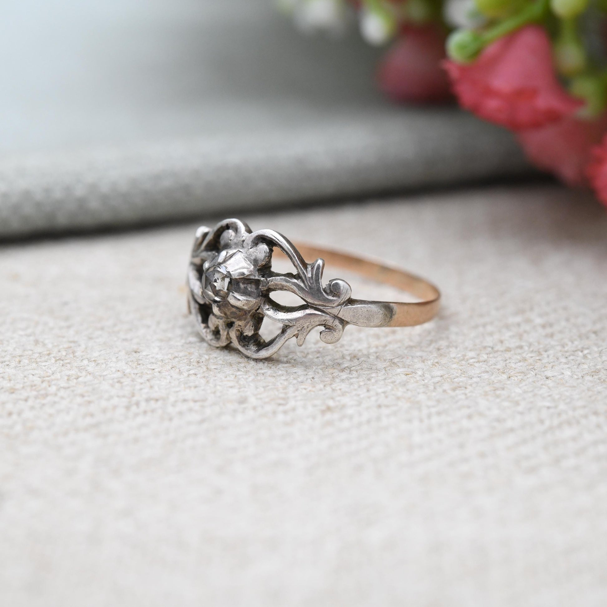 Antique Georgian 14ct Gold and Silver Diamond Solitaire Ring - with Scrolling Design | UK Size - P | US Size - 8