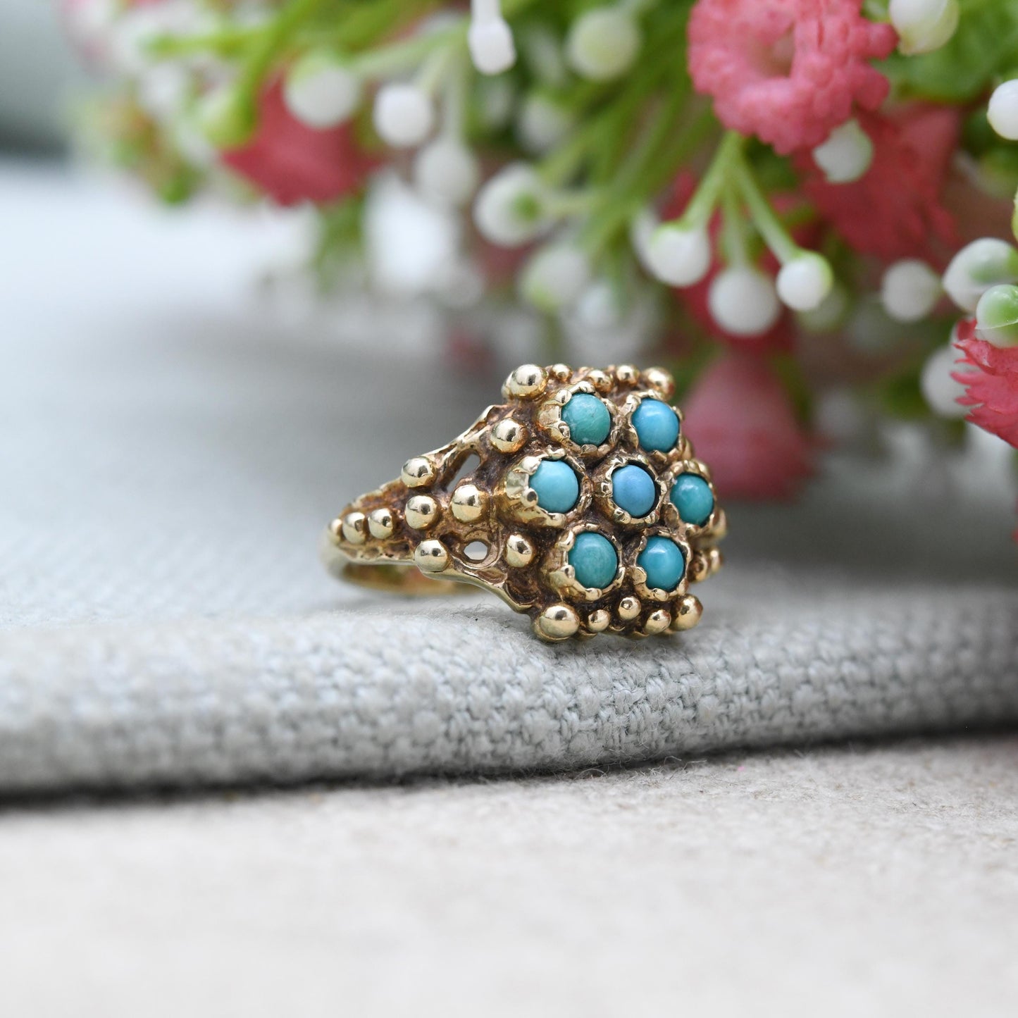 Vintage 9ct Gold Turquoise Cluster Ring 1971 with Granulated Beads - Victorian Style | UK Size - K | US Size - 5 1/2