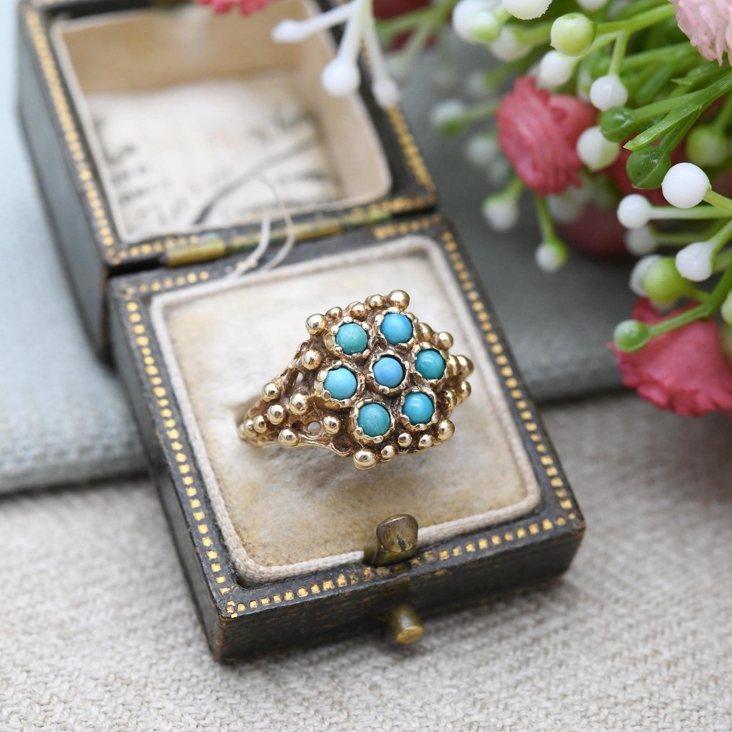 Vintage 9ct Gold Turquoise Cluster Ring 1971 with Granulated Beads - Victorian Style | UK Size - K | US Size - 5 1/2