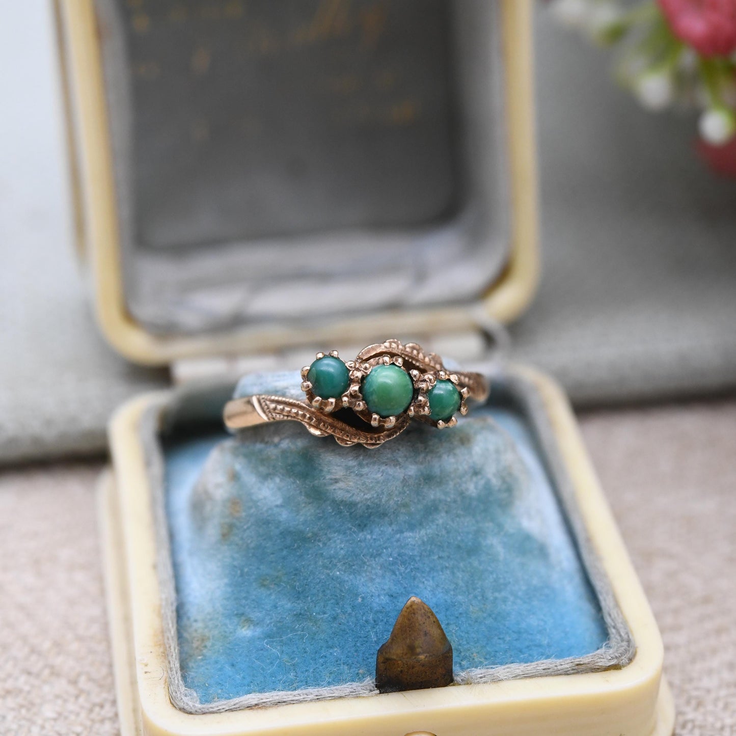 Vintage 9ct Gold Turquoise Three Stone Ring - Gold Trilogy Ring | UK Size - K 1/2 | US Size - 5 3/4