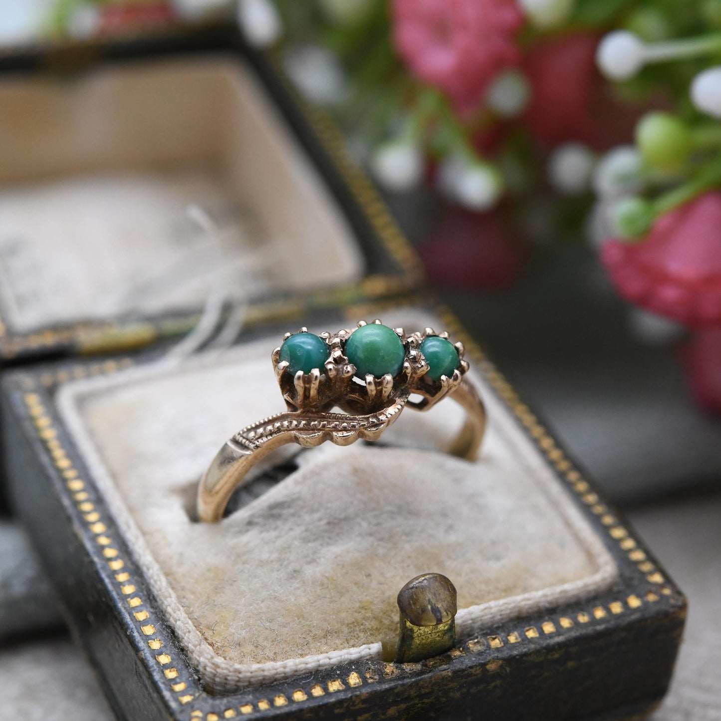 Vintage 9ct Gold Turquoise Three Stone Ring - Gold Trilogy Ring | UK Size - K 1/2 | US Size - 5 3/4