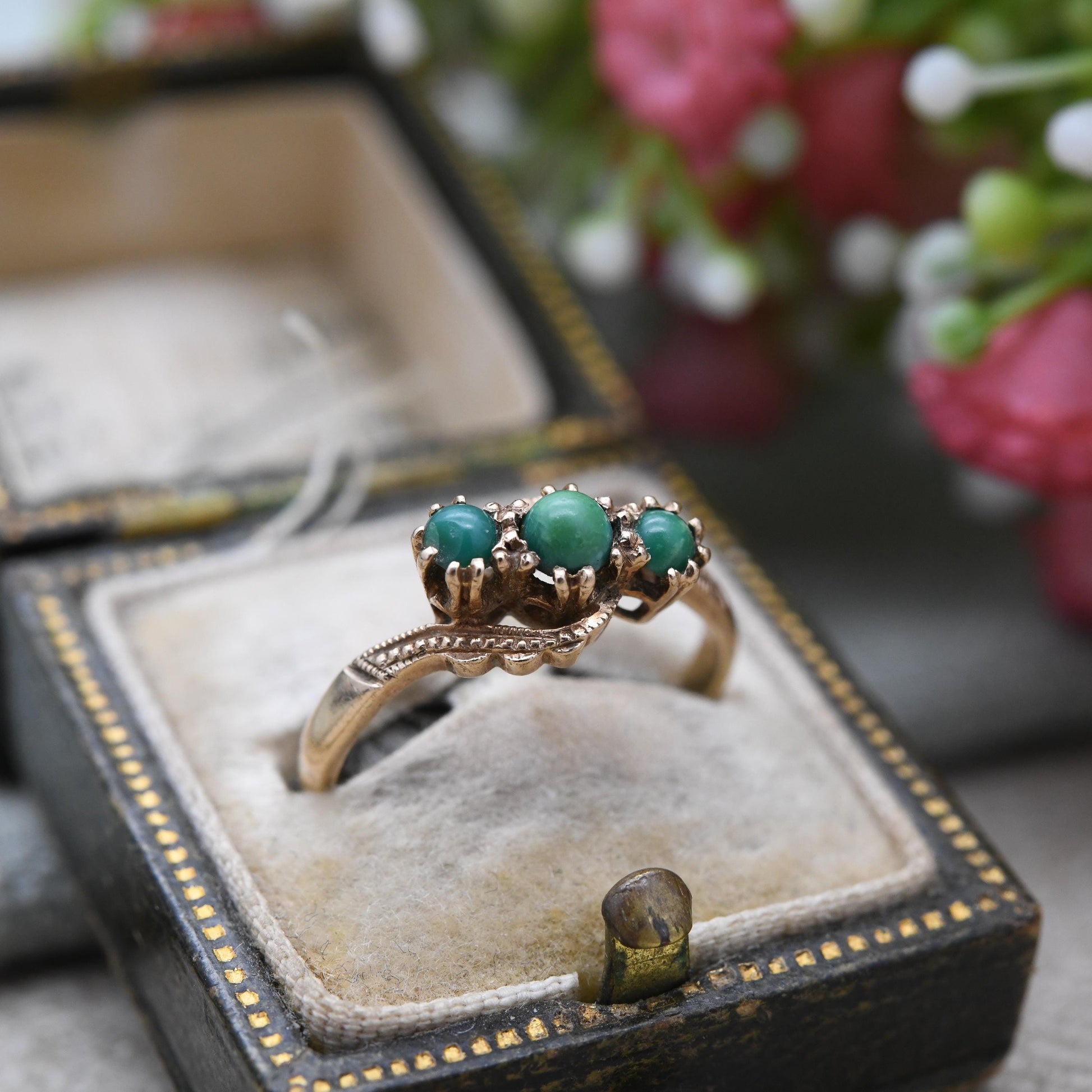 Vintage 9ct Gold Turquoise Three Stone Ring - Gold Trilogy Ring | UK Size - K 1/2 | US Size - 5 3/4