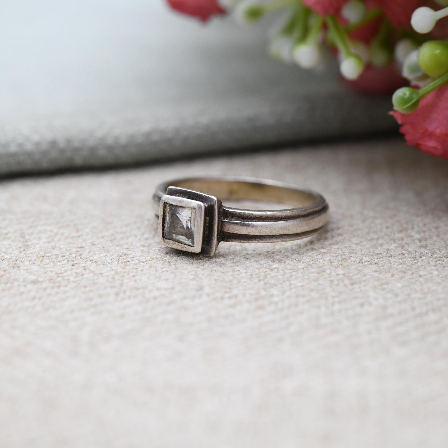 Vintage Sterling Silver Clear Stone Solitaire Ring - Square White Stone | Bezel | UK Size - M | US Size - 6 1/4