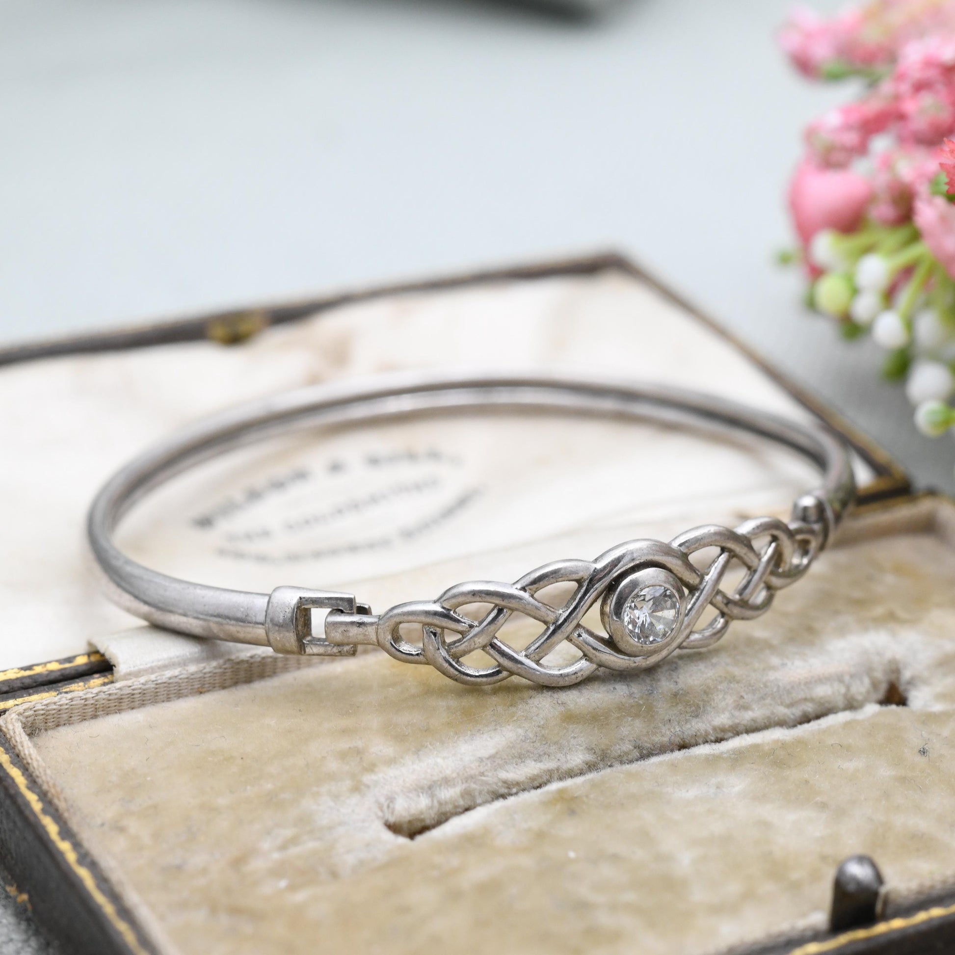 Sterling Silver Opening Celtic CZ Bangle Bracelet - with Solitaire CZ | Openwork Knot Design | Gift for Her