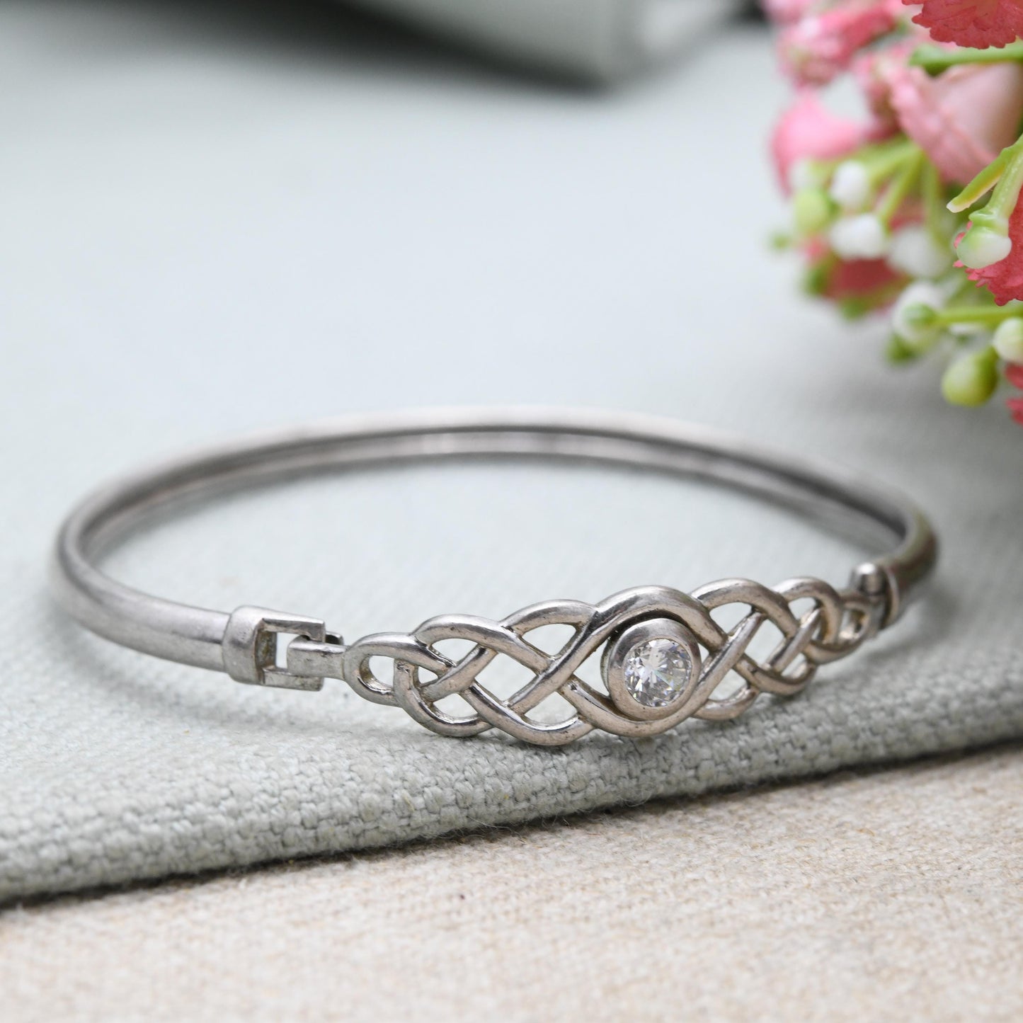 Sterling Silver Opening Celtic CZ Bangle Bracelet - with Solitaire CZ | Openwork Knot Design | Gift for Her