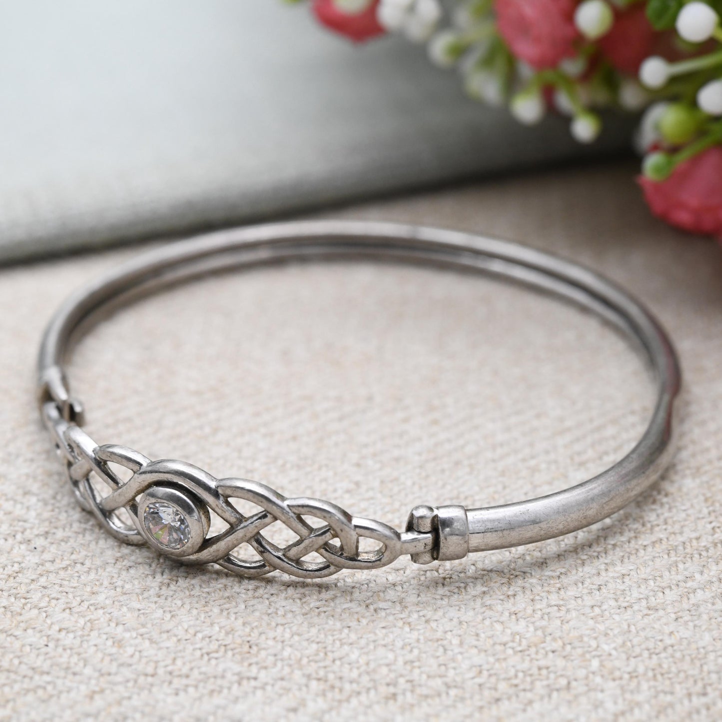 Sterling Silver Opening Celtic CZ Bangle Bracelet - with Solitaire CZ | Openwork Knot Design | Gift for Her
