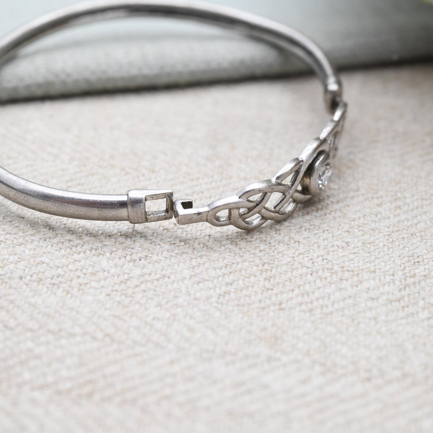 Sterling Silver Opening Celtic CZ Bangle Bracelet - with Solitaire CZ | Openwork Knot Design | Gift for Her
