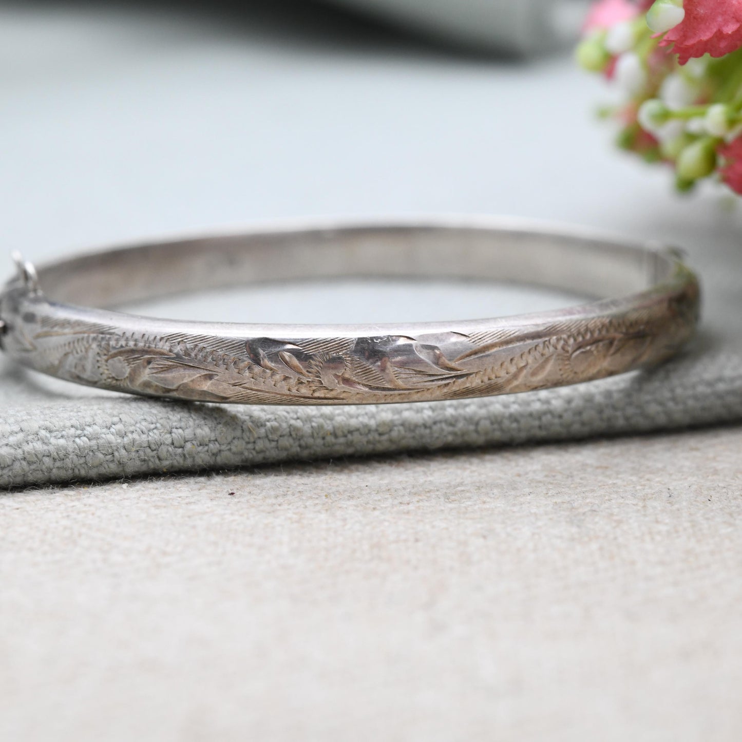 Vintage Sterling Silver Floral Bangle Bracelet 1988 - Gorgeous Victorian Aesthetic Style | Mid-Century | Gift for Her